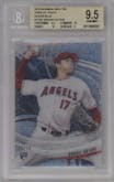 Shohei Ohtani from the 2018 Bowman High Tek set featuring a Ocean Blue parallel graded by Beckett and given an overall grade of 9.5.