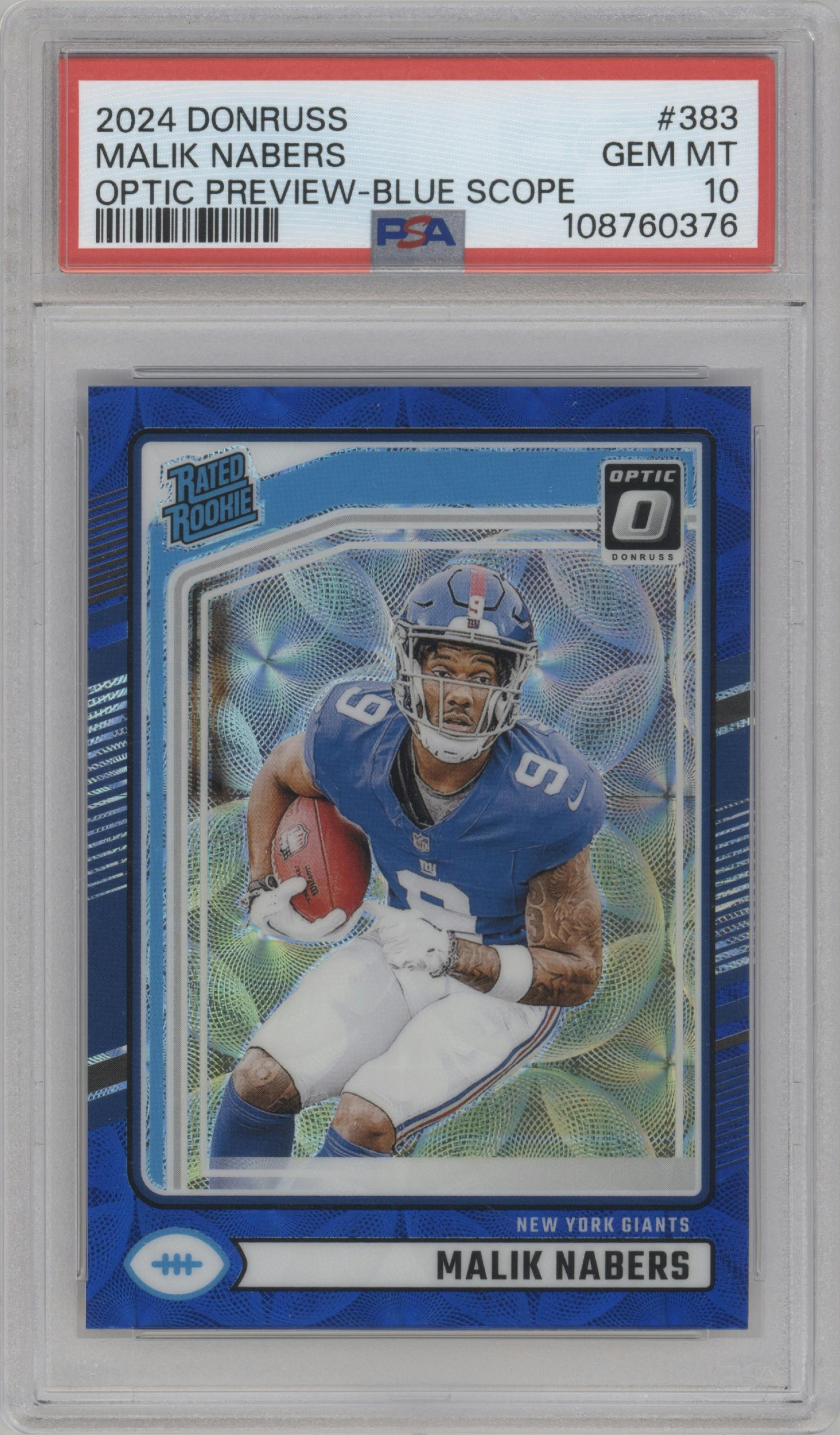 Malik Nabers from the 2024 Donruss set featuring a Blue Scope parallel graded by PSA and given an overall grade of 10.