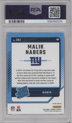 Malik Nabers from the 2024 Donruss set featuring a Blue Scope parallel graded by PSA and given an overall grade of 10.