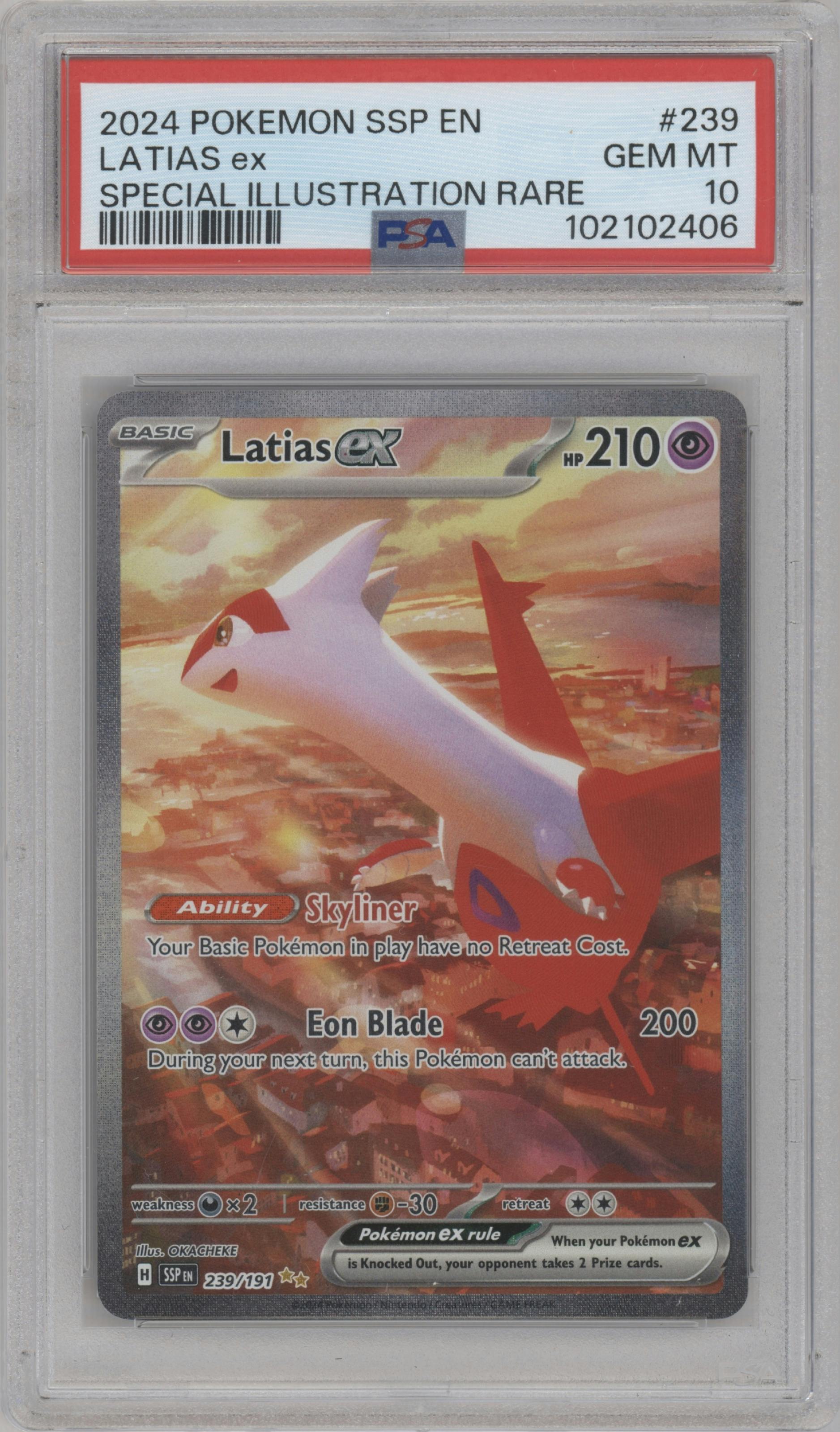 Latias ex from the 2024 Pokemon SV set graded by PSA and given an overall grade of 10.