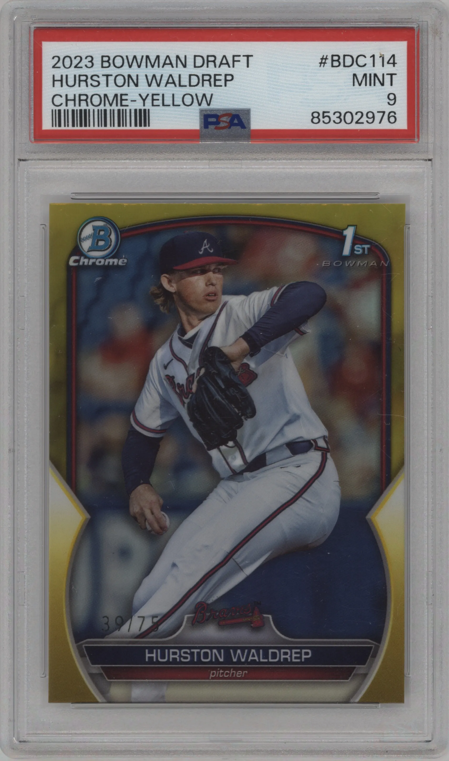 2023 Bowman Draft Chrome Hurston Waldrep Yellow Refractor PSA 9