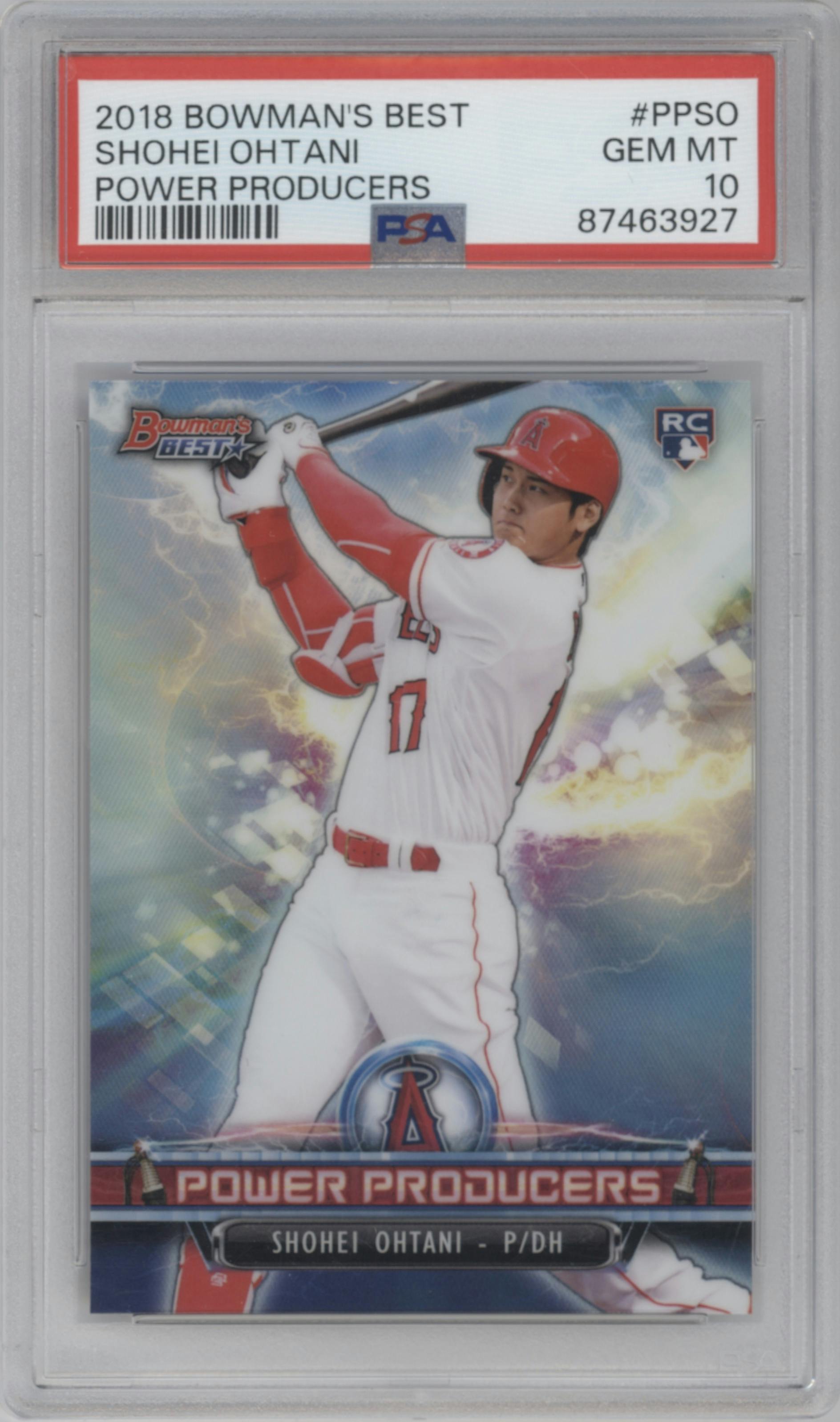 Shohei Ohtani from the 2018 Bowman’s Best set graded by PSA and given an overall grade of 10.