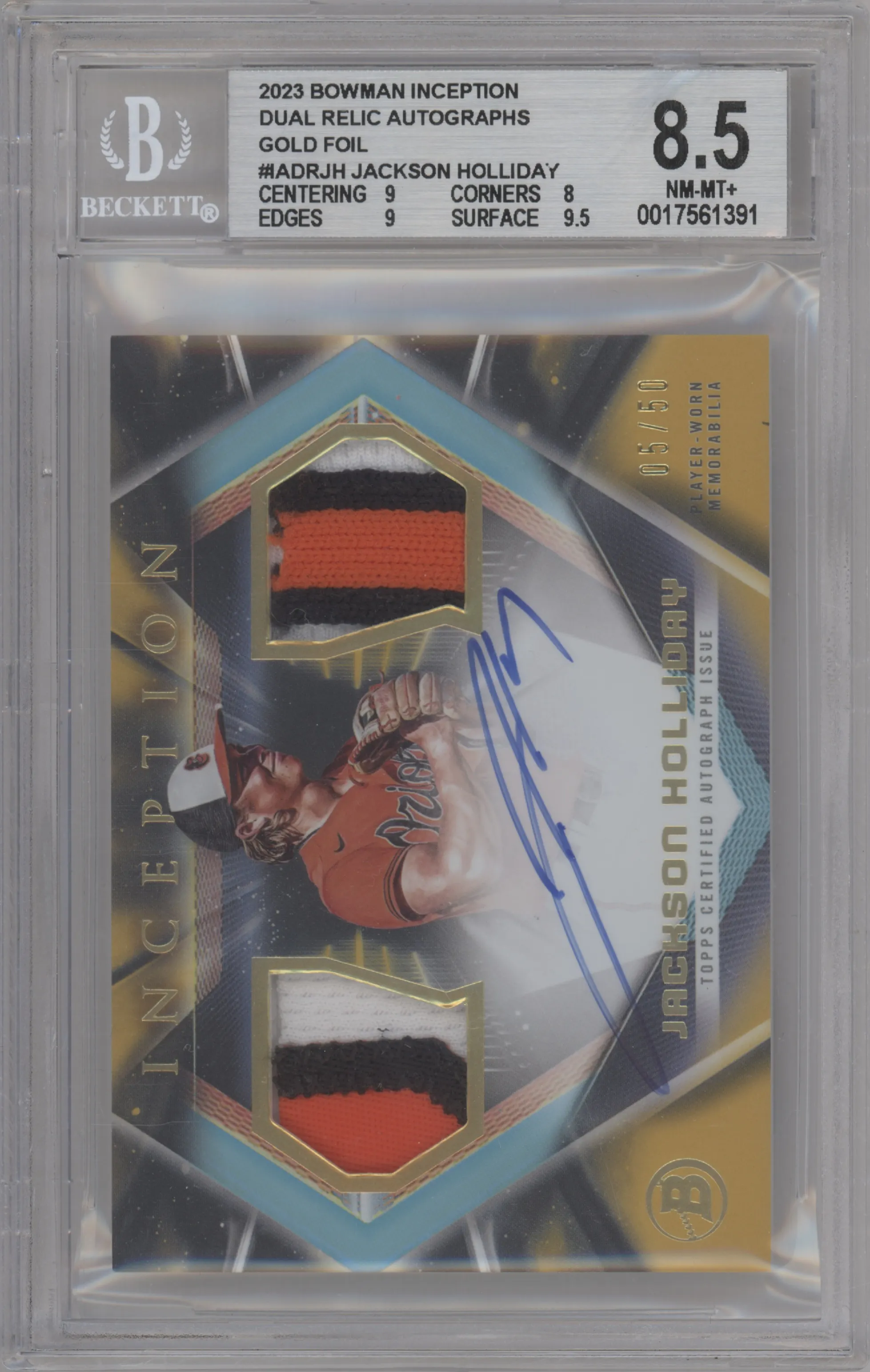 2023 Bowman Inception Auto Dual Relics Jackson Holliday Gold Foil BGS 8.5
