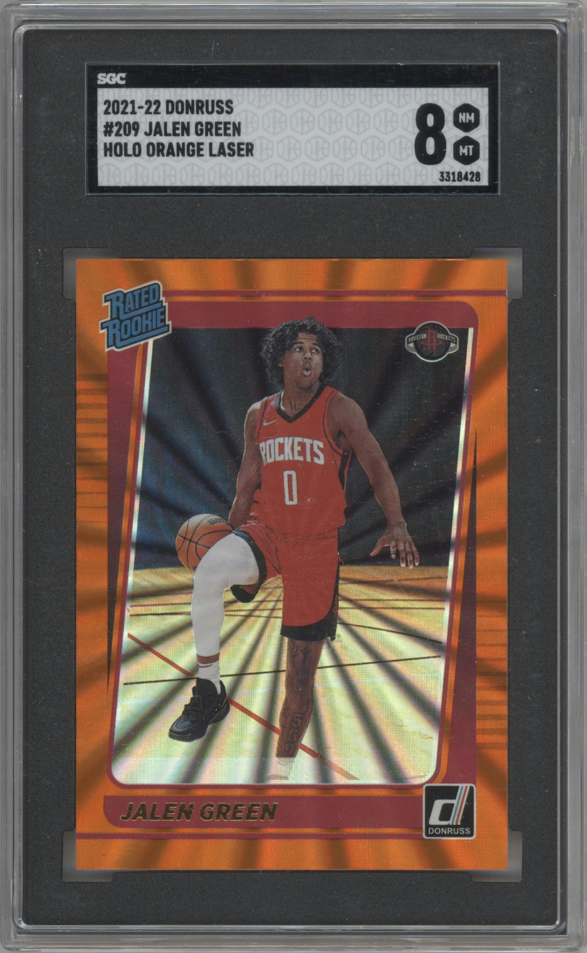 Jalen Green from the 2021-22 Panini Donruss set featuring a Orange Holo Laser parallel graded by SGC and given an overall grade of 8.