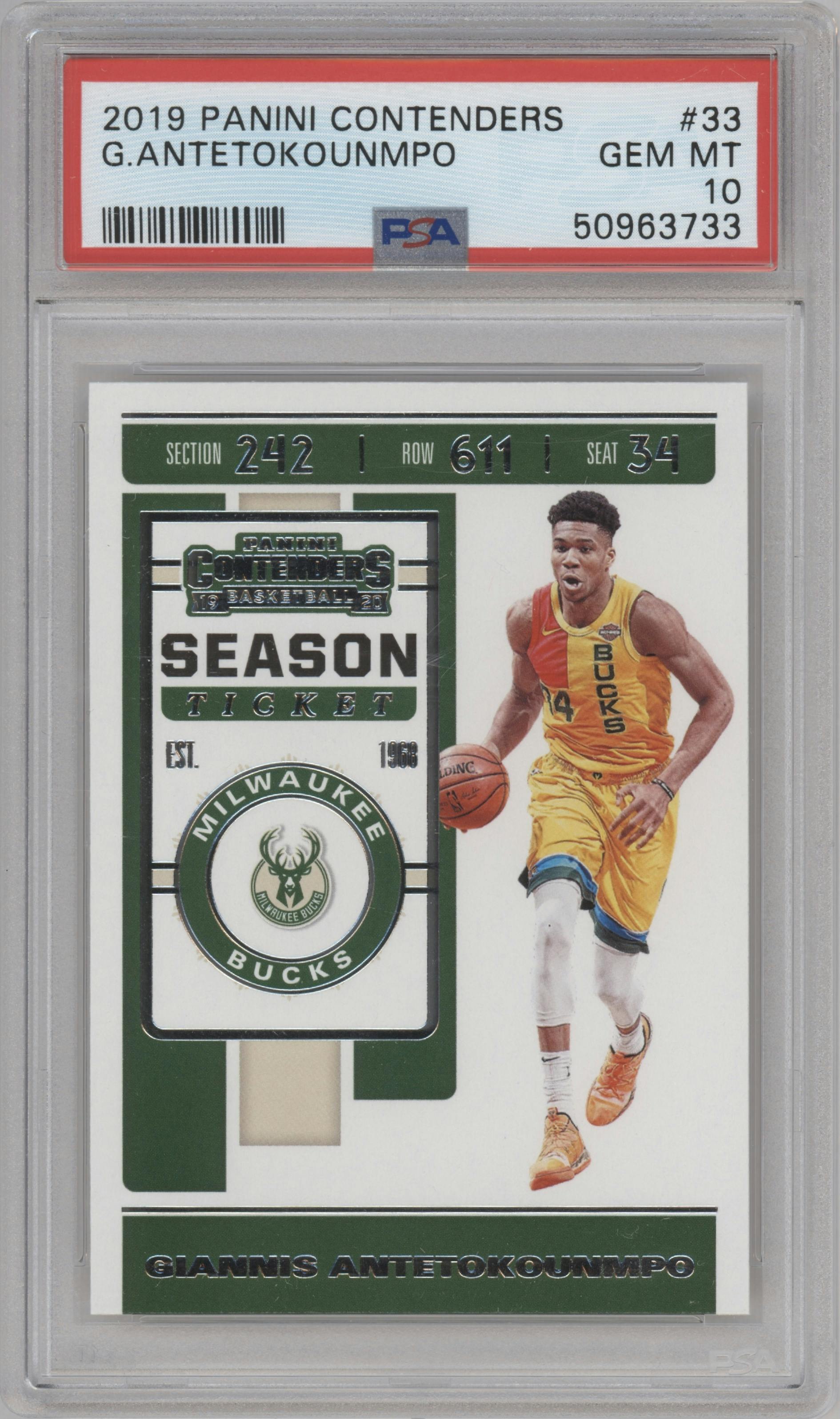 Giannis Antetokounmpo from the 2019-20 Panini Contenders set graded by PSA and given an overall grade of 10.