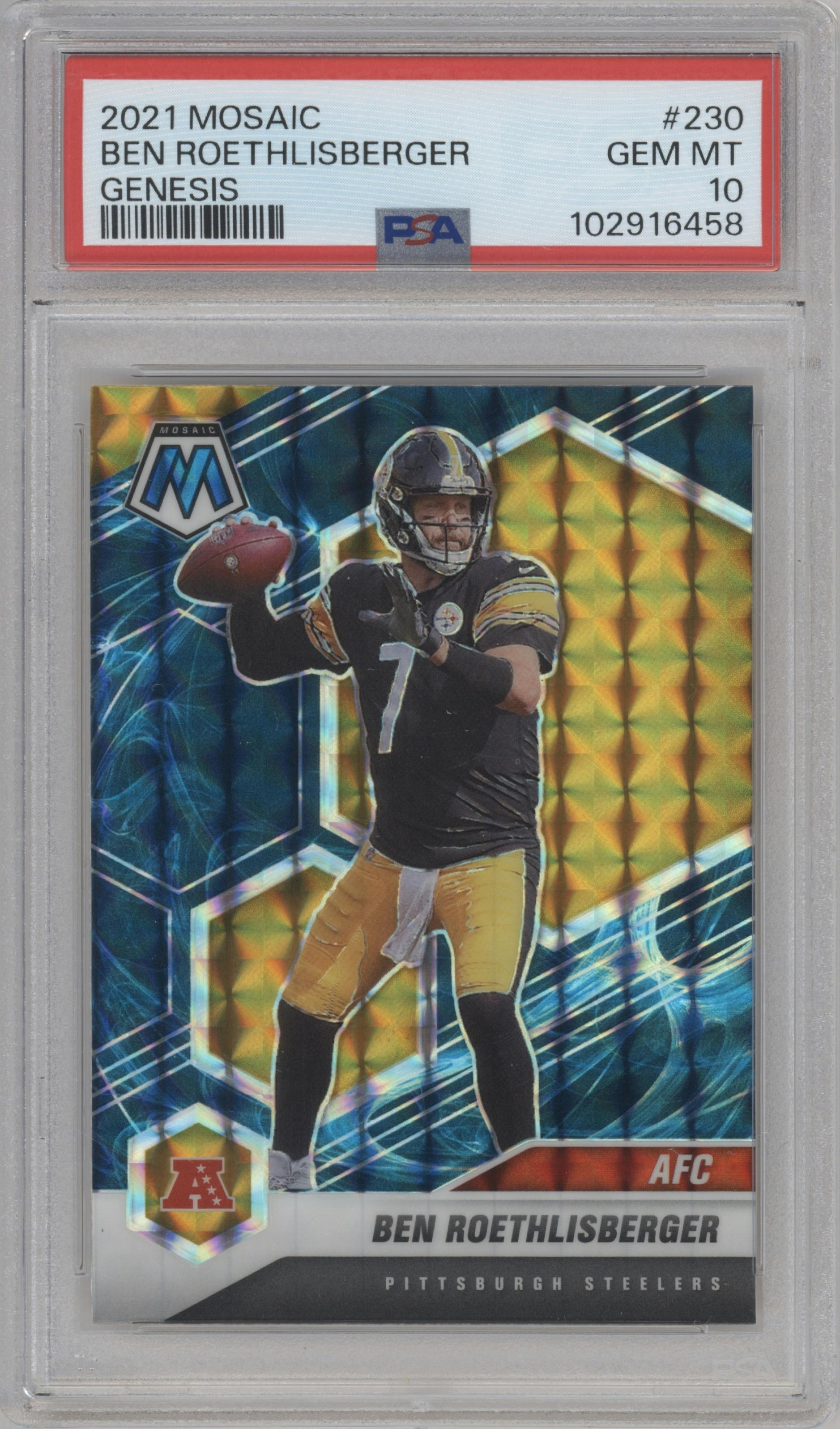 Ben Roethlisberger from the 2021 Panini Mosaic set featuring a Genesis parallel graded by PSA and given an overall grade of 10.