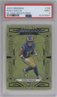 Puka Nacua from the 2023 Panini Obsidian set featuring a Electric Etch Gold Flood Asia parallel graded by PSA and given an overall grade of 9.