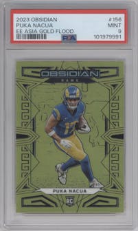 Puka Nacua from the 2023 Panini Obsidian set featuring a Electric Etch Gold Flood Asia parallel graded by PSA and given an overall grade of 9.
