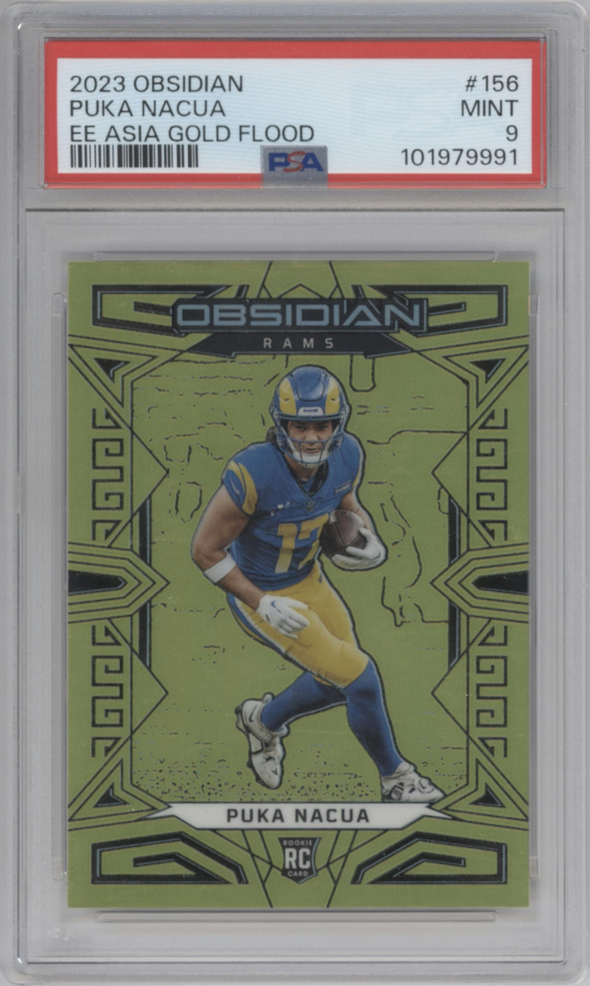 Puka Nacua from the 2023 Panini Obsidian set featuring a Electric Etch Gold Flood Asia parallel graded by PSA and given an overall grade of 9.