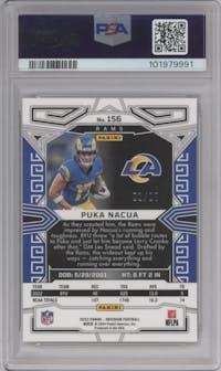 Puka Nacua from the 2023 Panini Obsidian set featuring a Electric Etch Gold Flood Asia parallel graded by PSA and given an overall grade of 9.