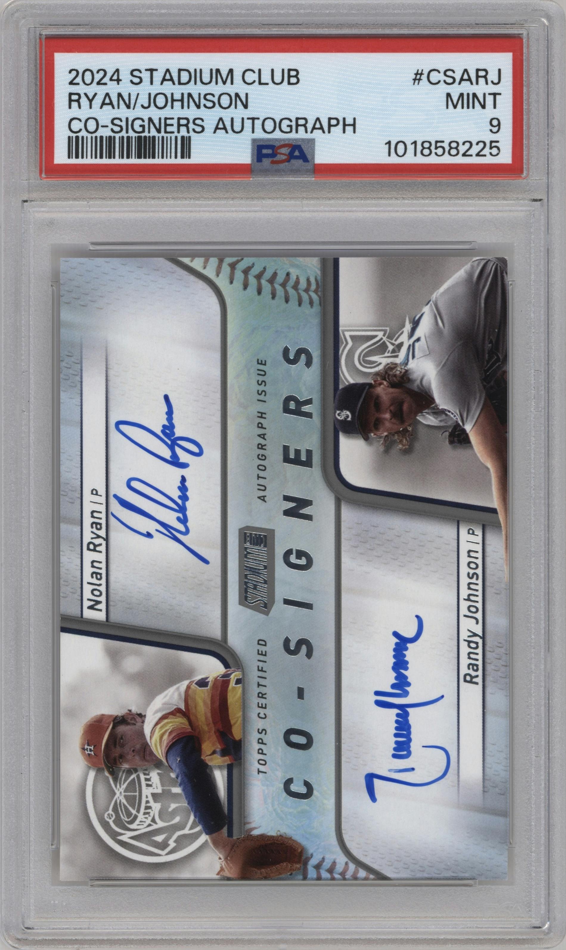 Nolan Ryan/Randy Johnson from the 2024 Topps Stadium Club set graded by PSA and given an overall grade of 9.