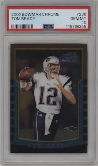 Tom Brady from the 2000 Bowman Chrome set graded by PSA and given an overall grade of 10.