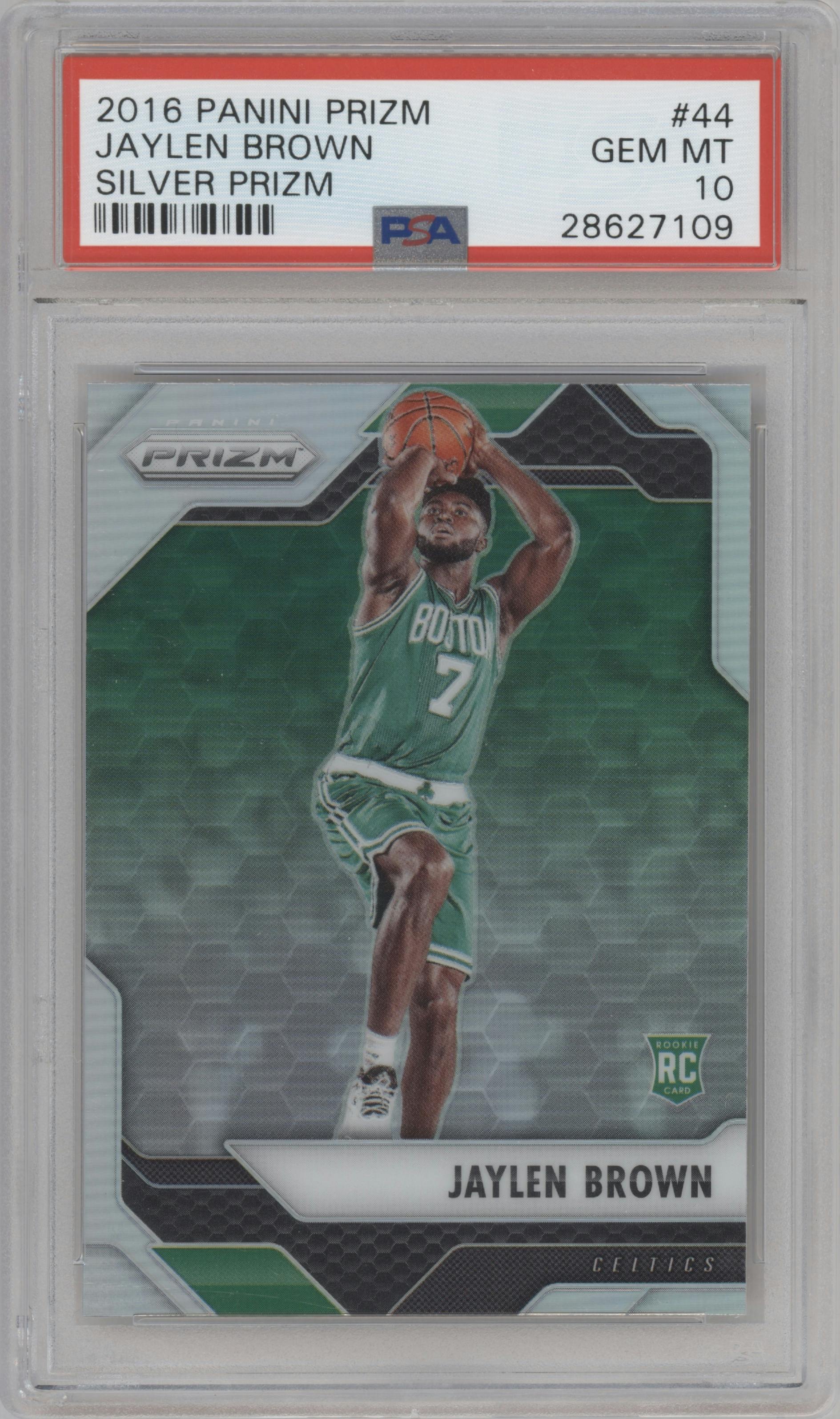Jaylen Brown from the 2016-17 Panini Prizm  set featuring a Silver Prizm parallel graded by PSA and given an overall grade of 10.