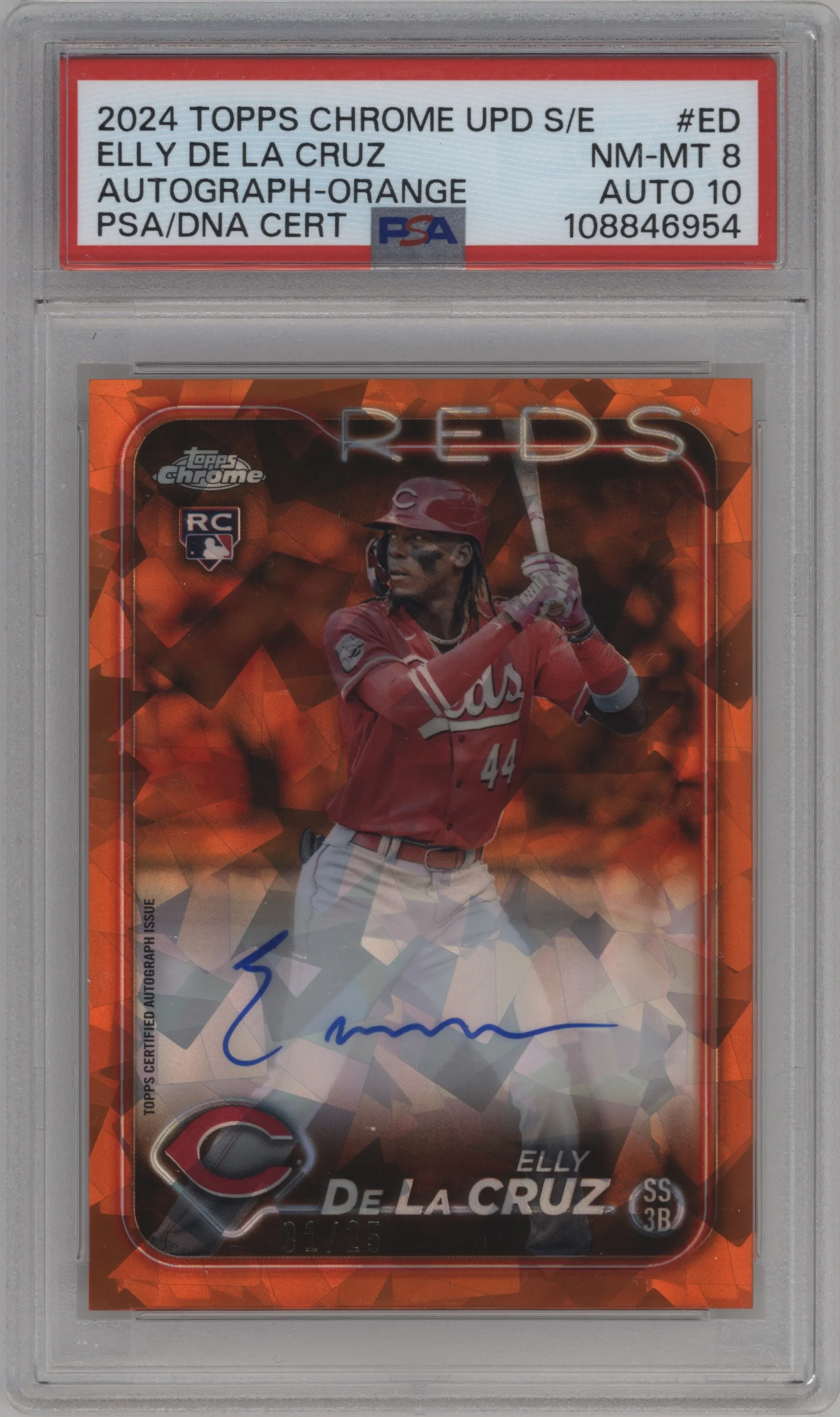 2024 Topps Chrome Update Sapphire Edition Auto Elly De La Cruz Orange Sapphire Refractor #USA-ED PSA 8