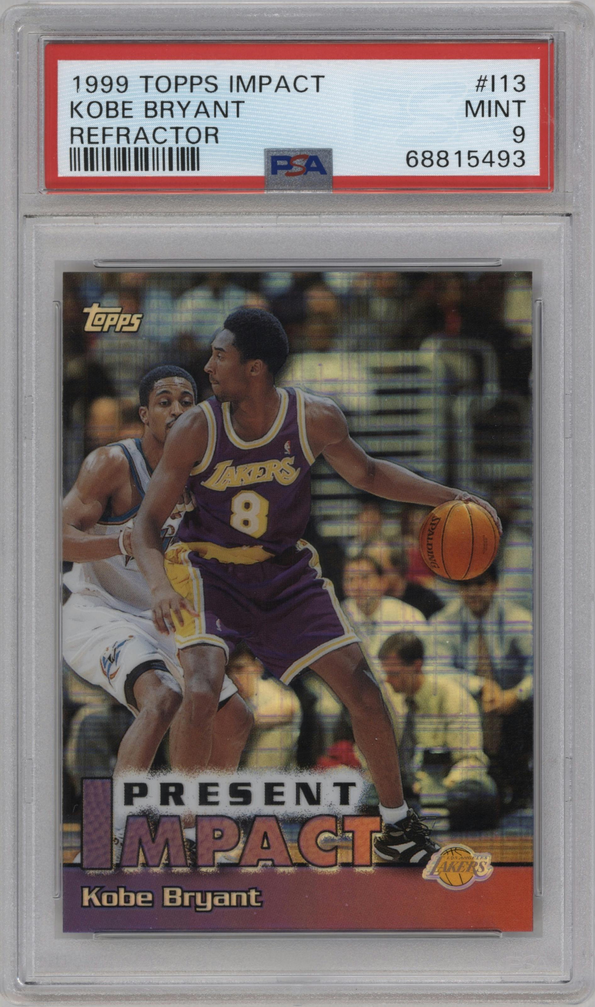 Kobe Bryant from the 1999-00 Topps set featuring a Refractor parallel graded by PSA and given an overall grade of 9.