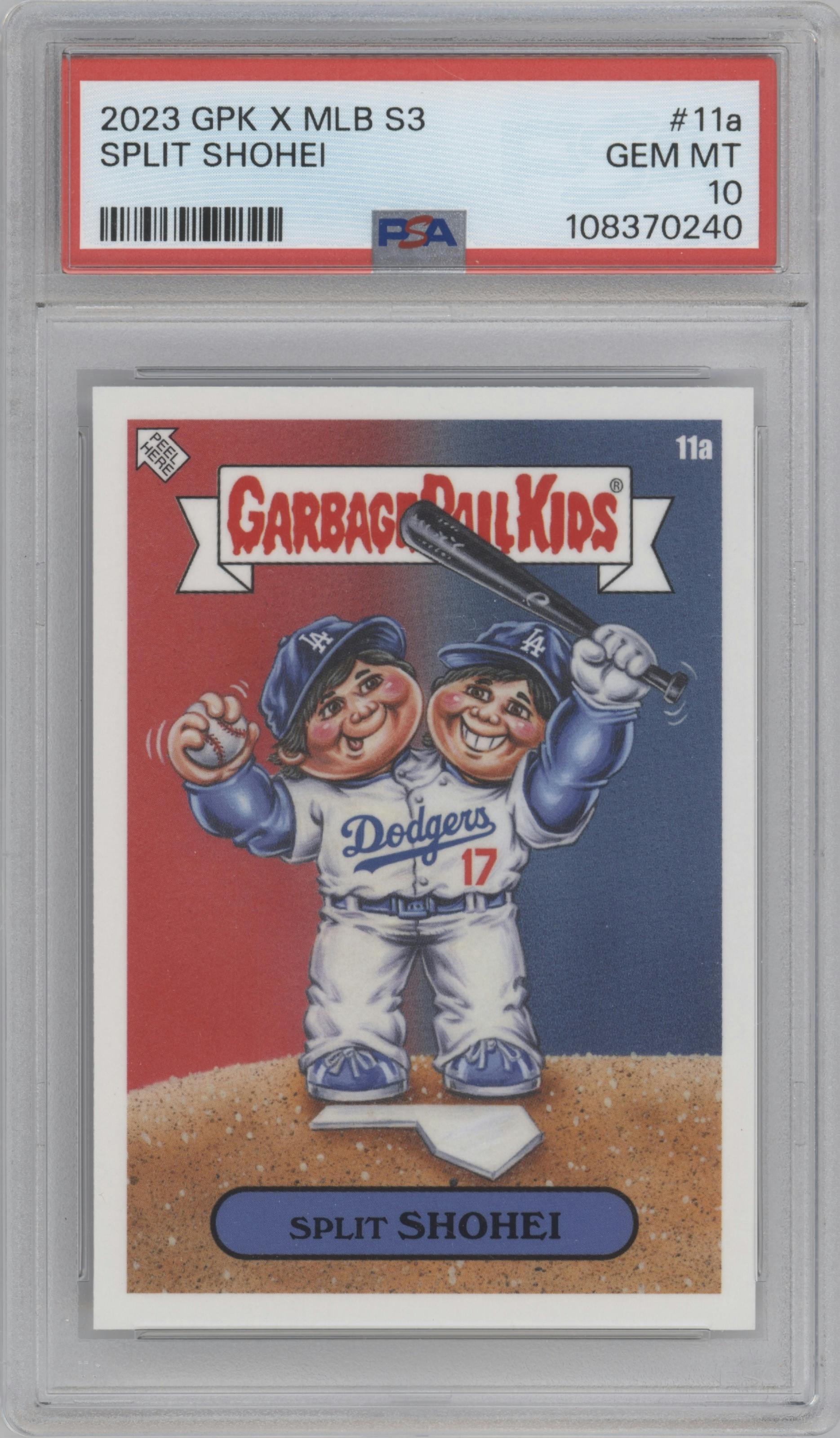 Split Shohei from the 2023 Topps Garbage Pail Kids x MLB Series 3 set graded by PSA and given an overall grade of 10.