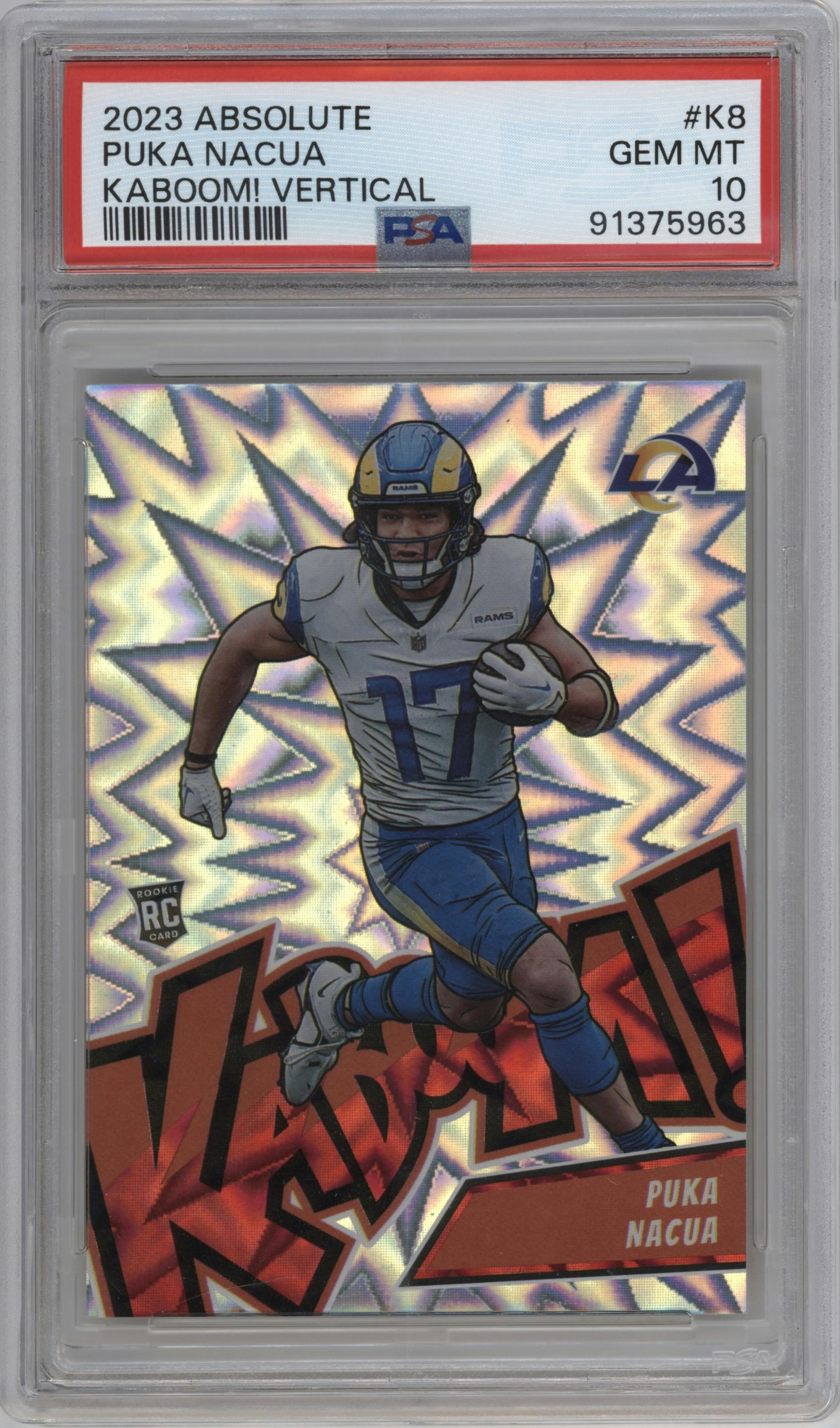 Puka Nacua from the 2023 Panini Absolute set graded by PSA and given an overall grade of 10.