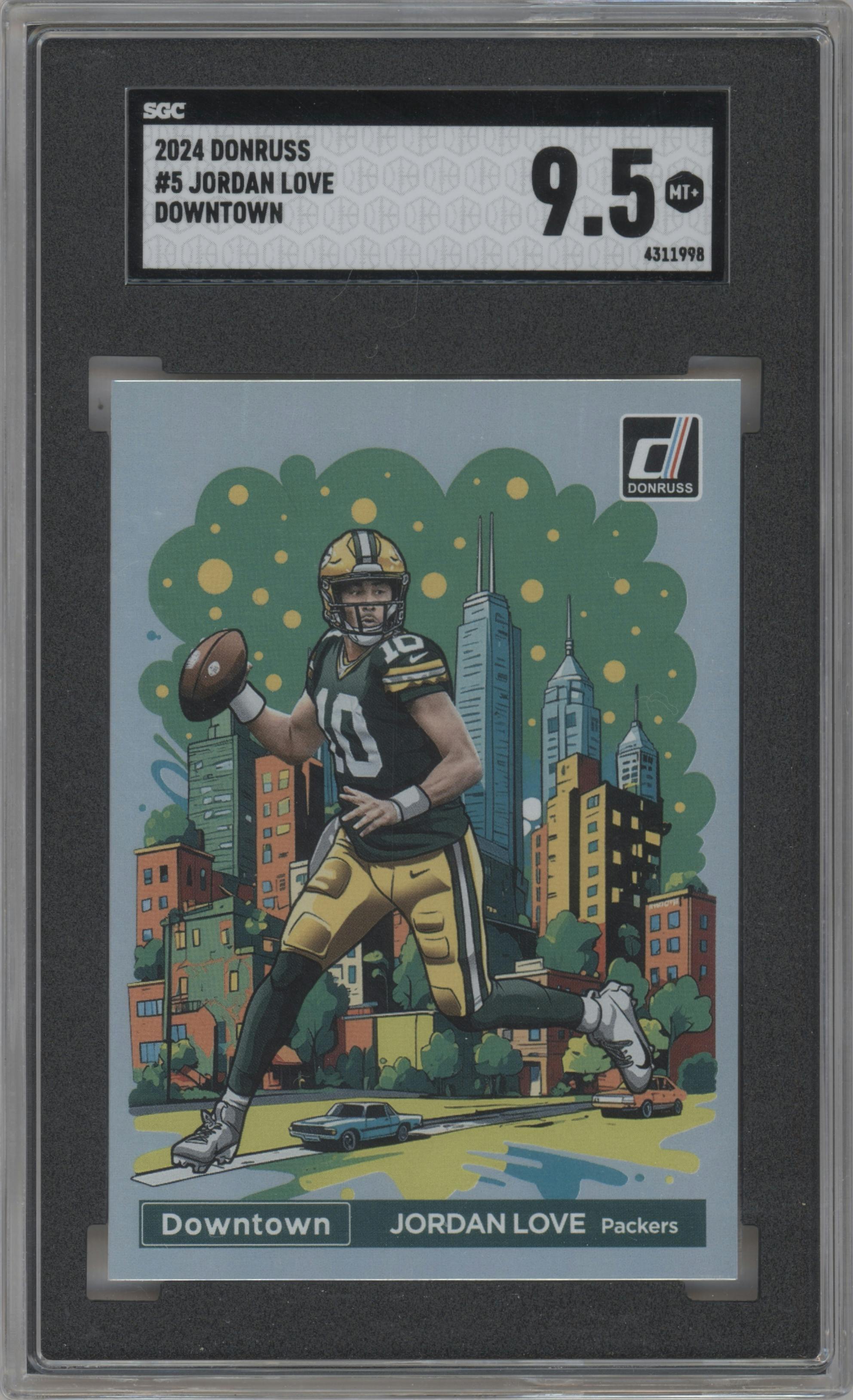 Jordan Love from the 2024 Donruss set graded by SGC and given an overall grade of 9.5.