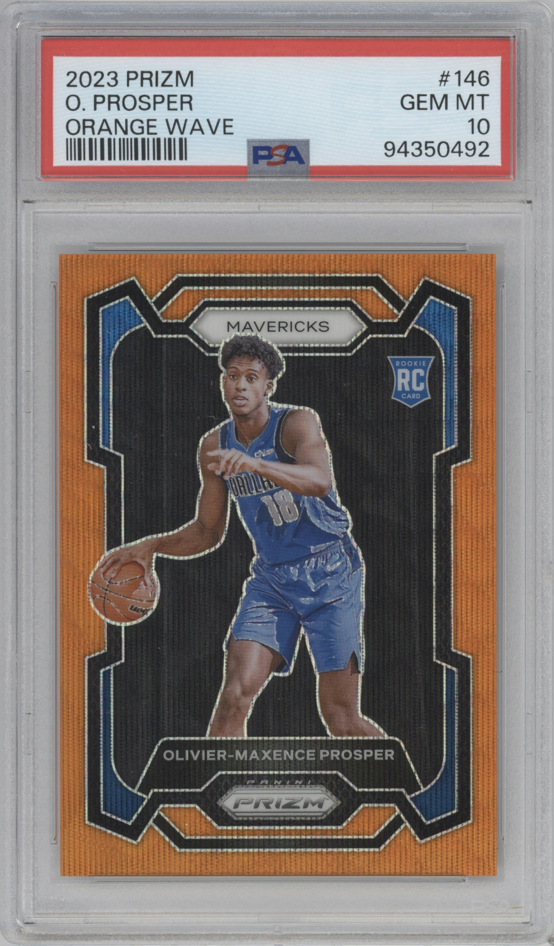 Olivier-Maxence Prosper from the 2023-24 Panini Prizm set featuring a Orange Wave parallel graded by PSA and given an overall grade of 10.