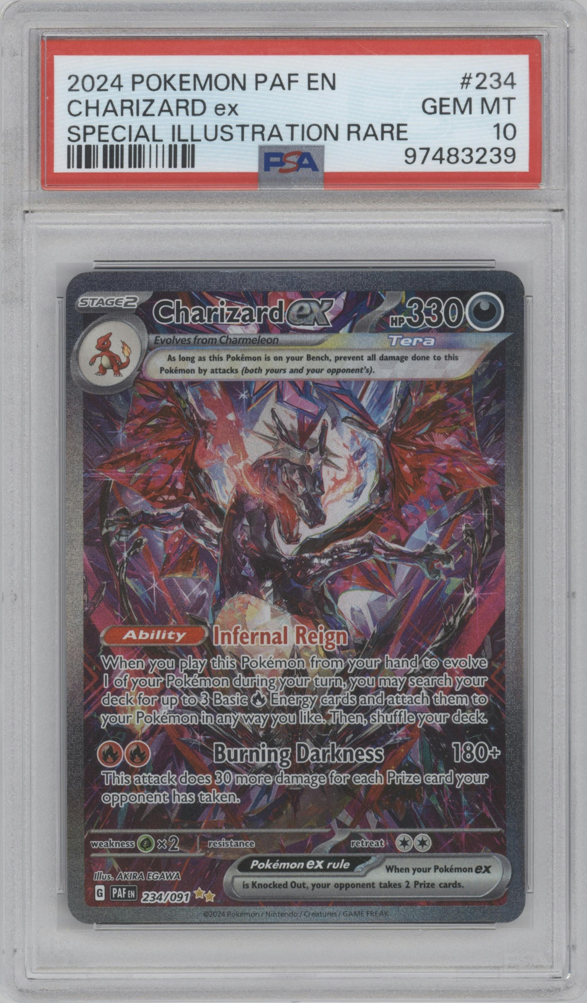 Charizard ex from the 2024 Pokemon SV set graded by PSA and given an overall grade of 10.