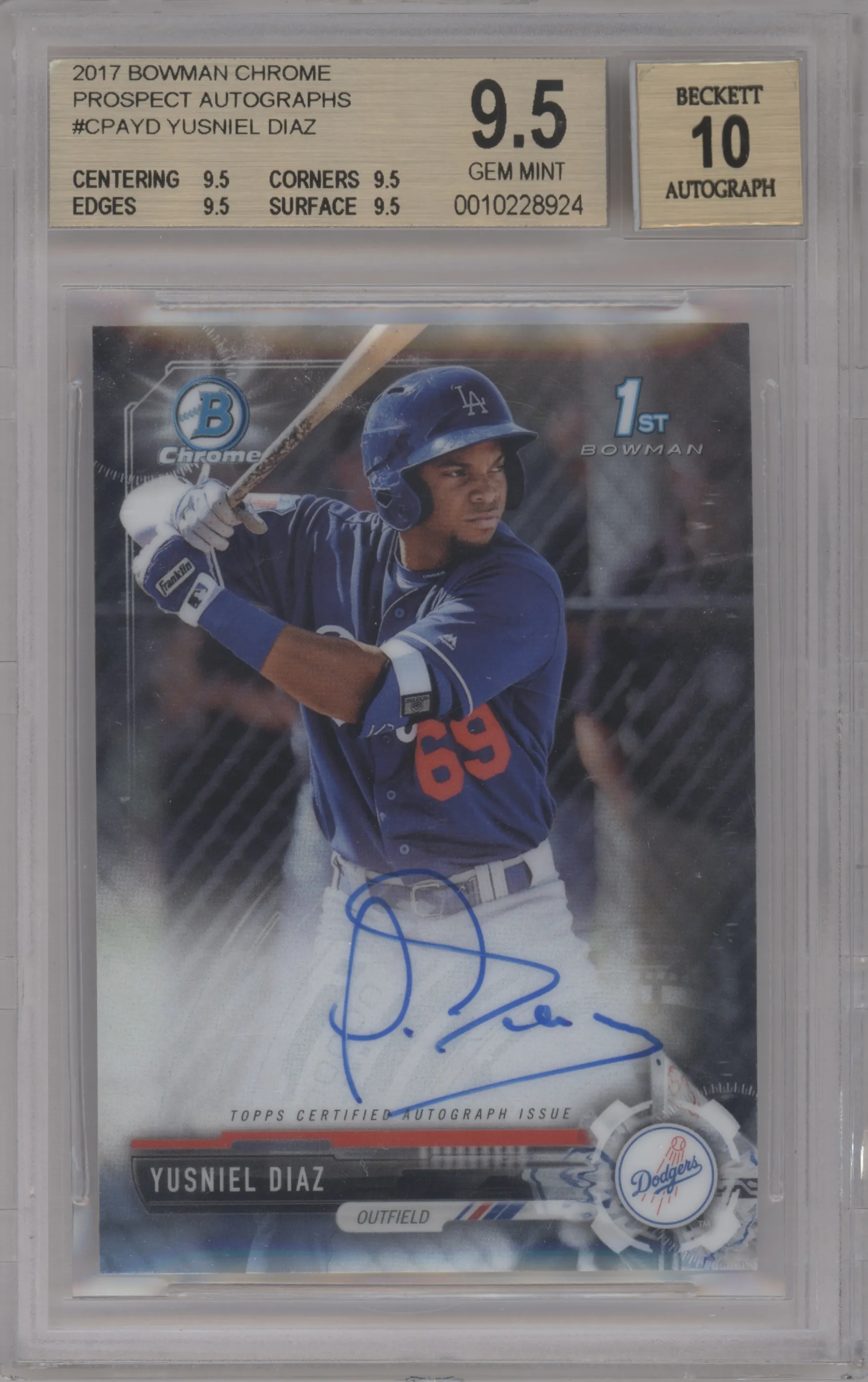 2017 Bowman Chrome Chr.Pros.Auto Yusniel Diaz BGS 9.5