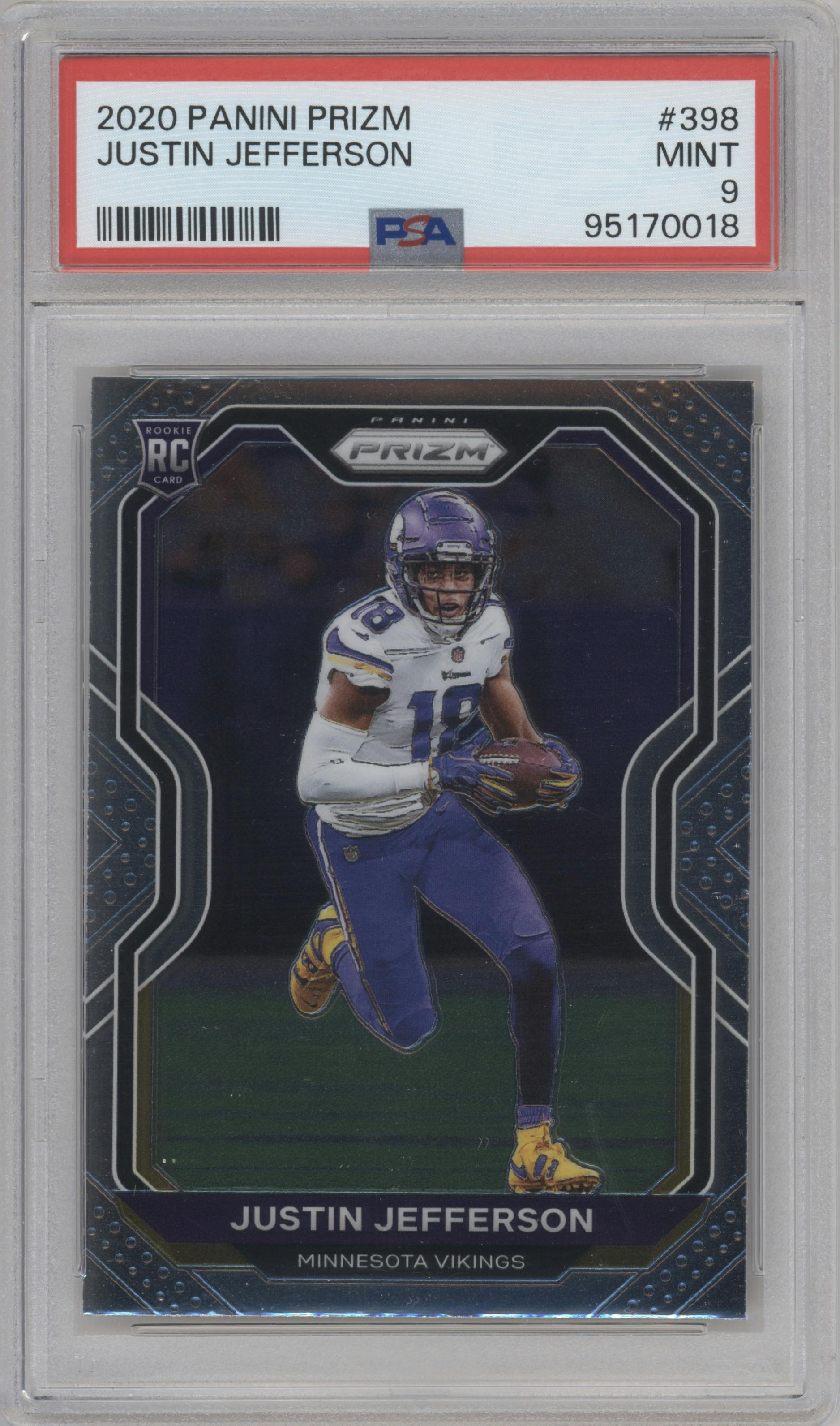 Justin Jefferson from the 2020 Panini Prizm set graded by PSA and given an overall grade of 9.