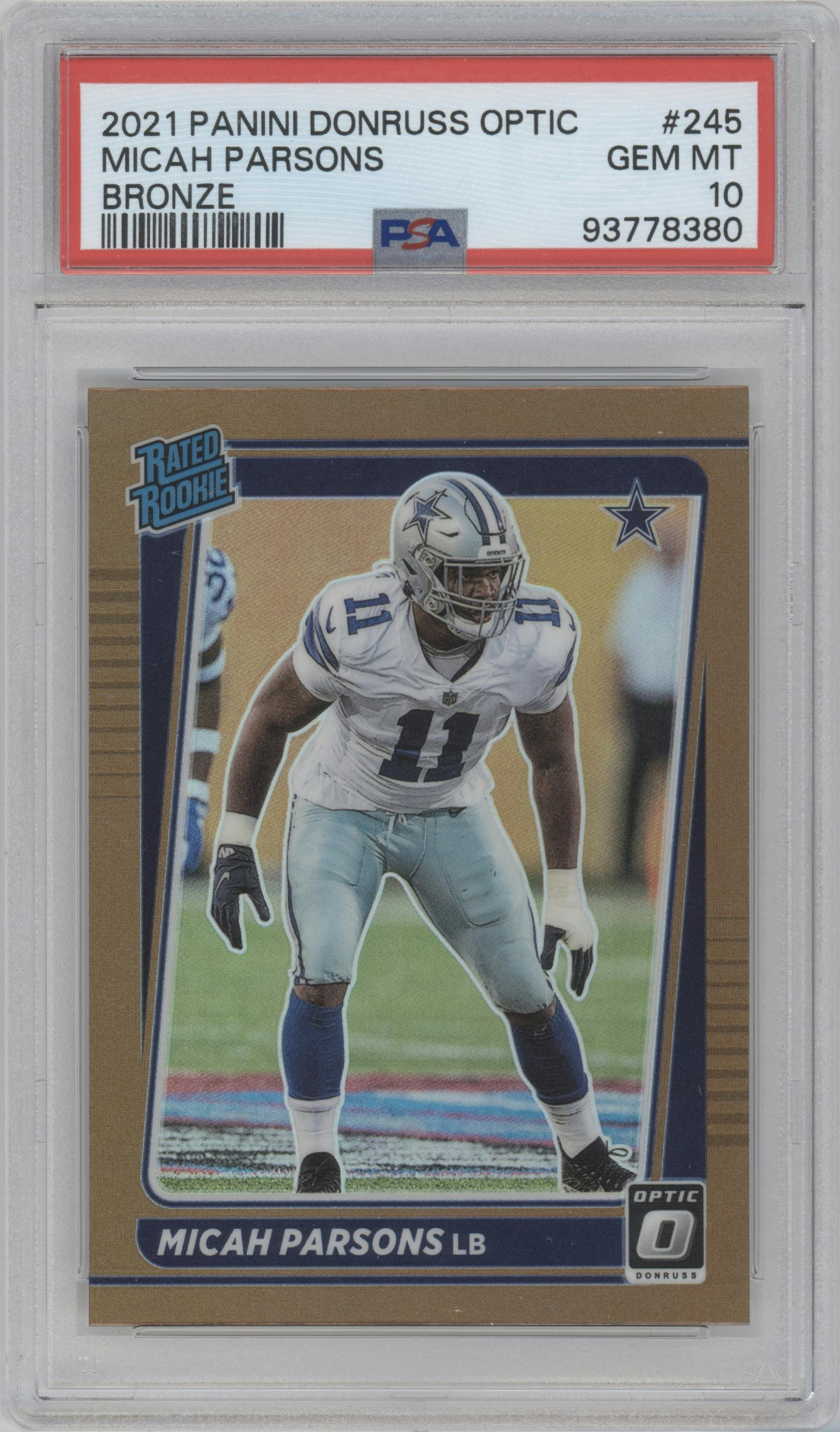 Micah Parsons from the 2021 Panini Donruss Optic set featuring a Bronze parallel graded by PSA and given an overall grade of 10.