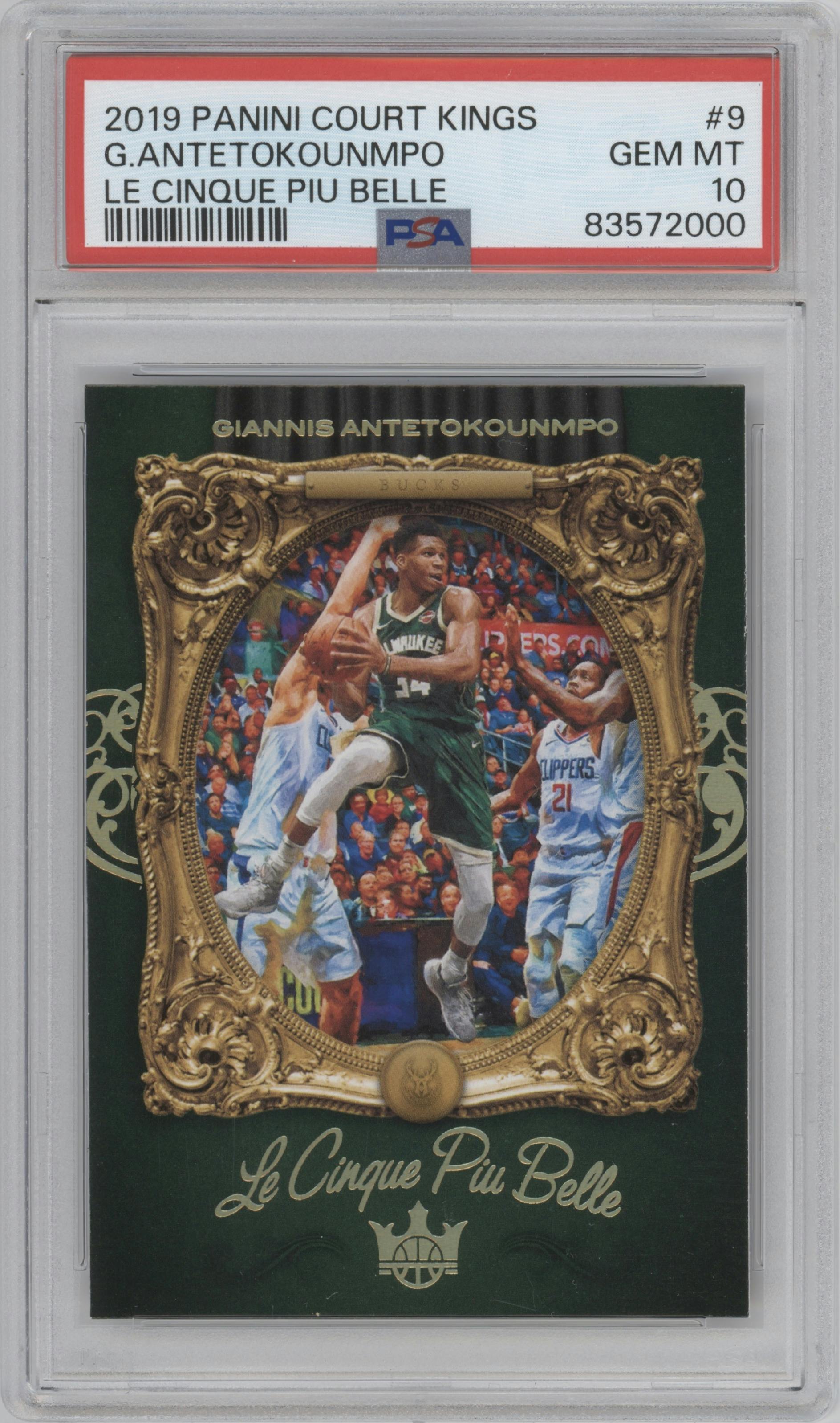 Giannis Antetokounmpo from the 2019-20 Panini Court Kings set graded by PSA and given an overall grade of 10.