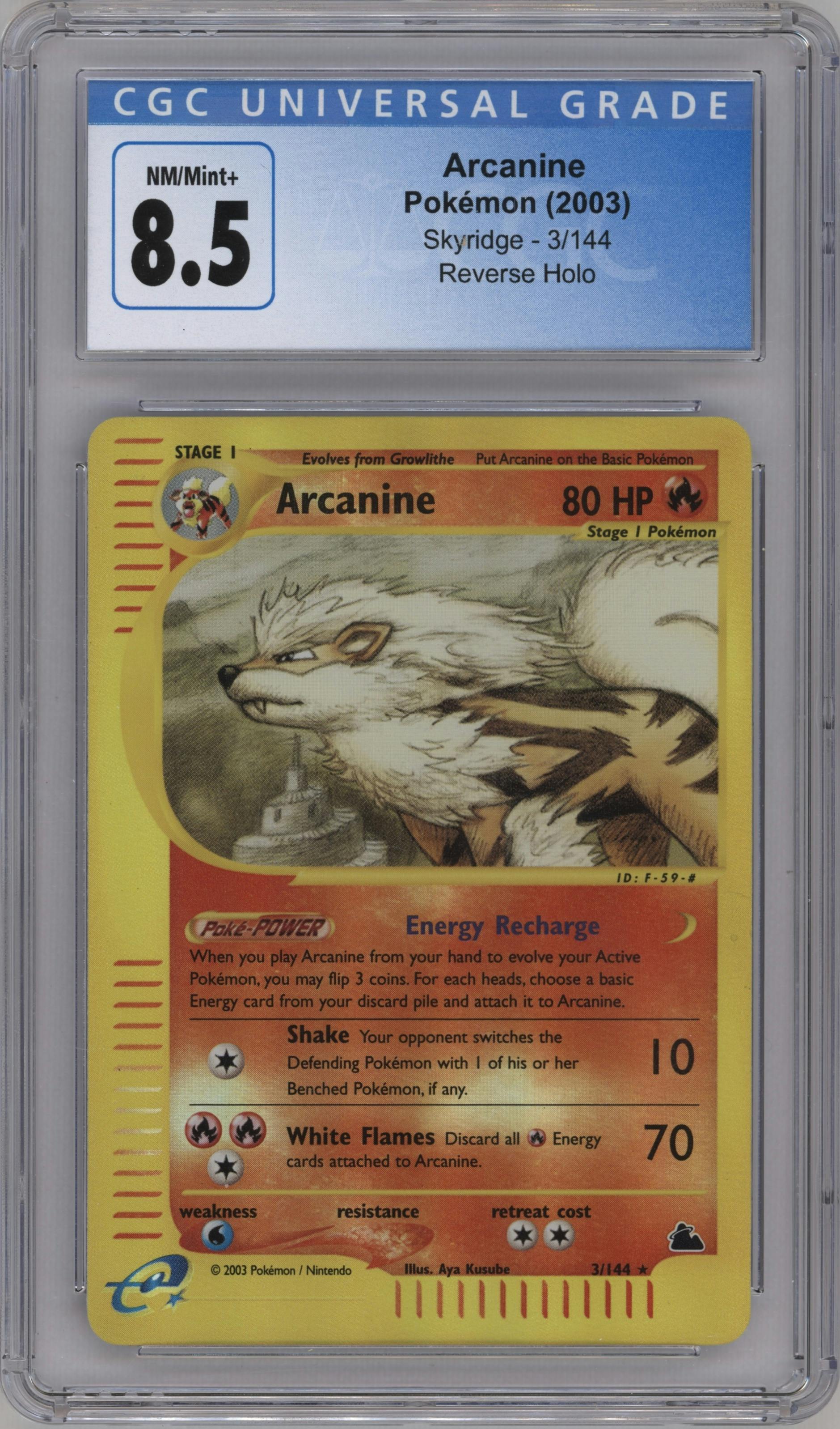Arcanine from the 2003 Pokemon E-CARD set graded by CSG and given an overall grade of 8.5.