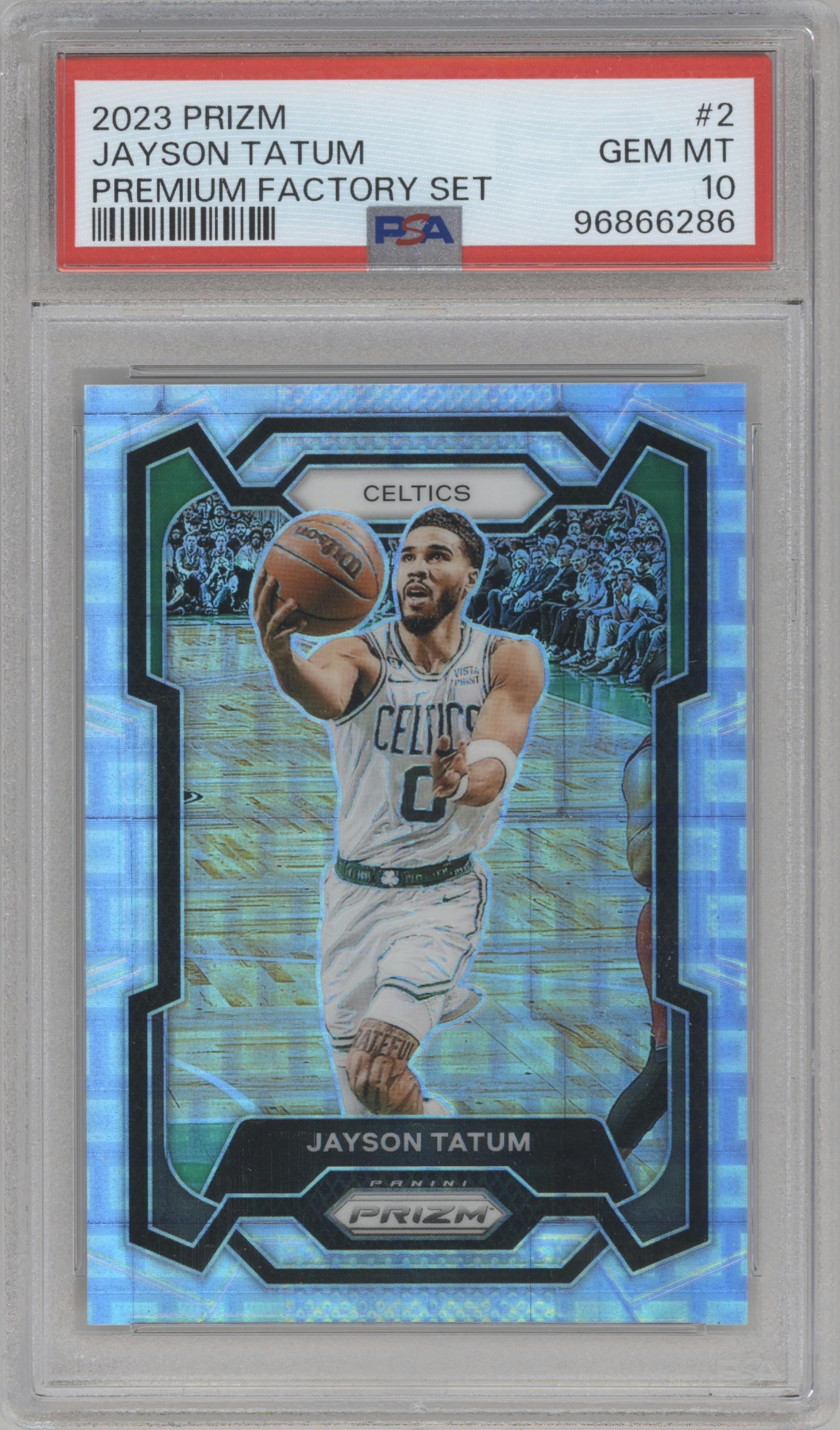 Jason Tatum from the 2023-24 Panini Prizm set featuring a Premium Factory Set parallel graded by PSA and given an overall grade of 10.