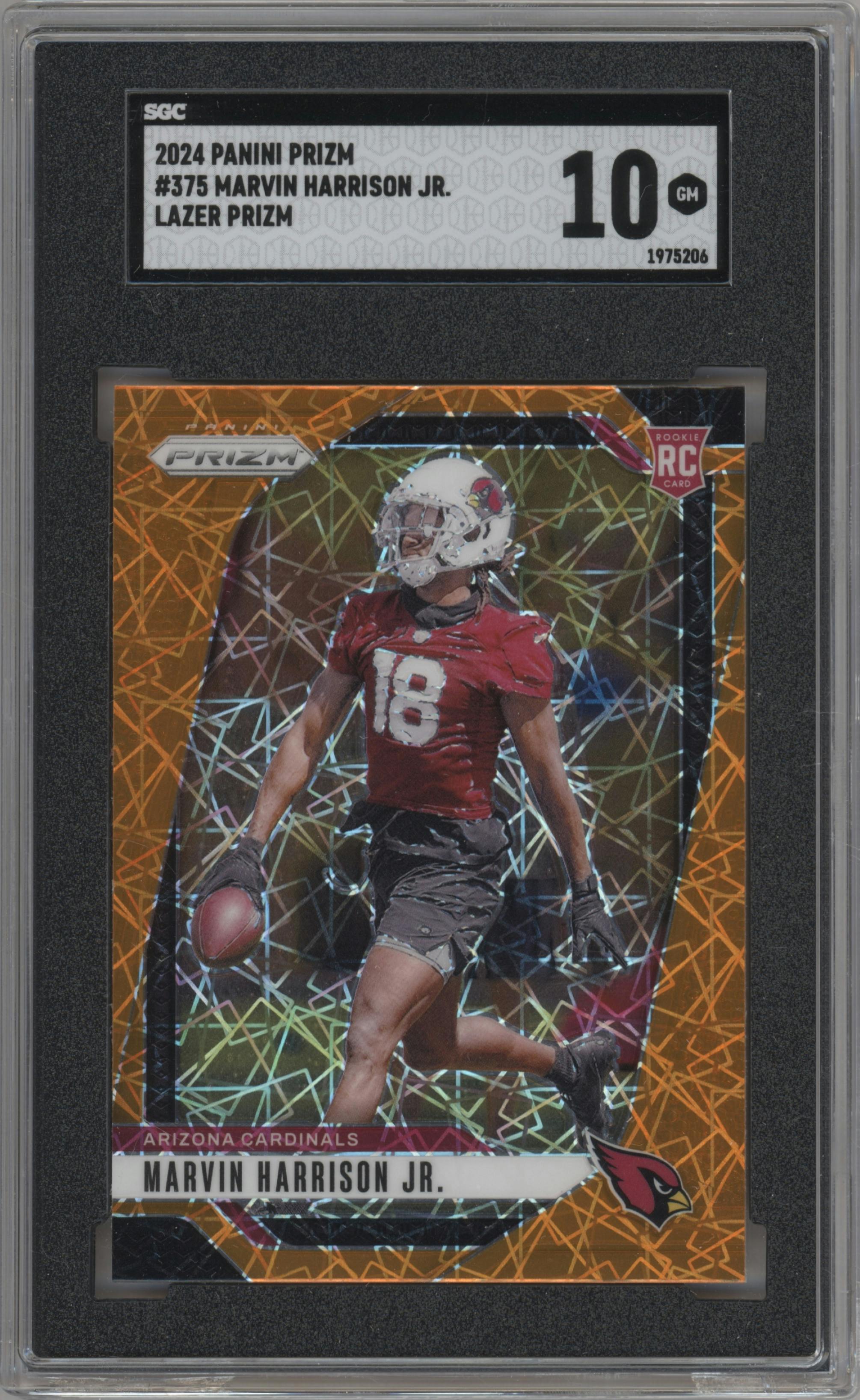 Marvin Harrison Jr. from the 2024 Panini Prizm set featuring a Lazer Prizm parallel graded by SGC and given an overall grade of 10.