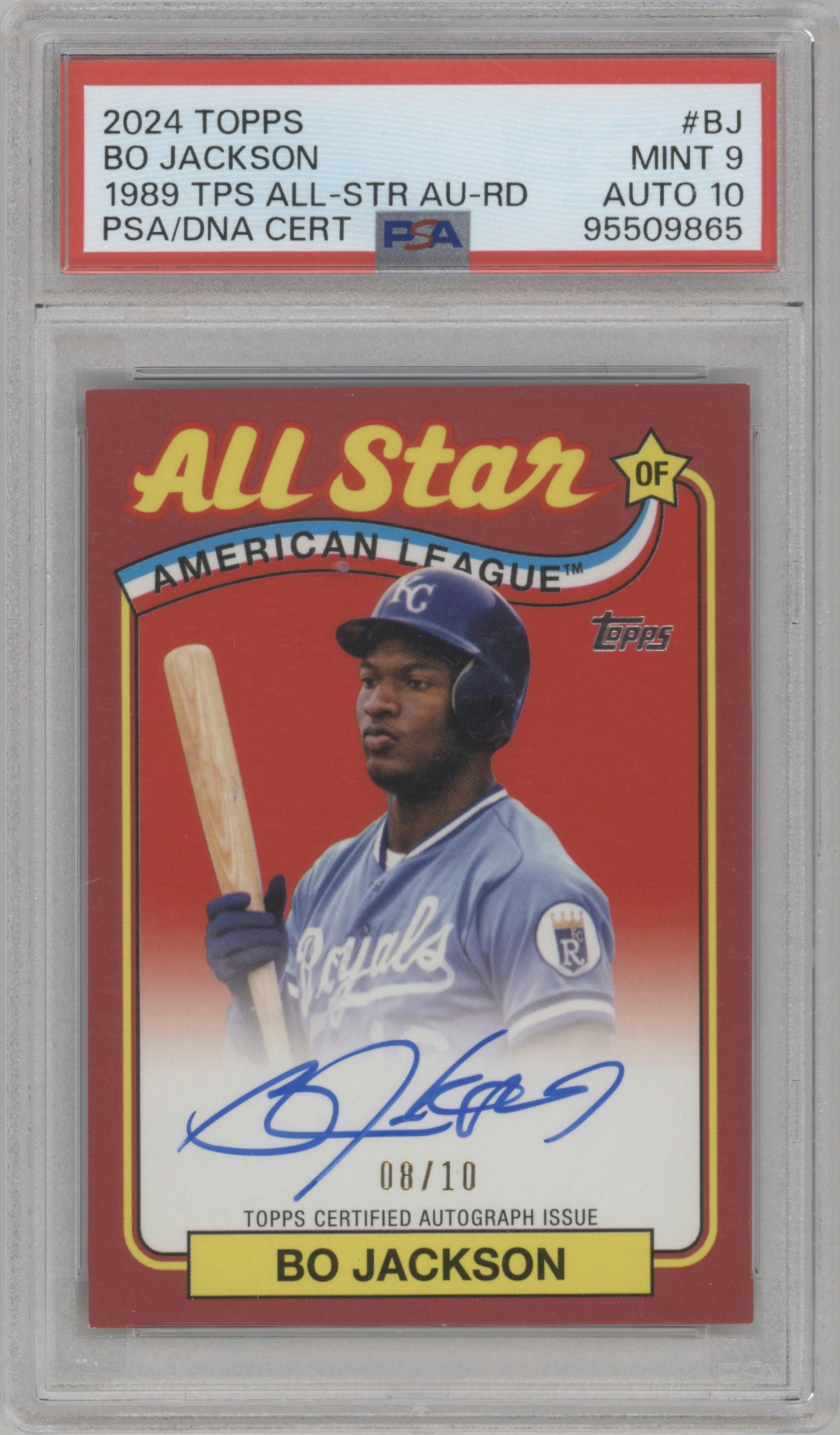 Bo Jackson from the 2024 Topps  set featuring a Red parallel graded by PSA and given an overall grade of 9.