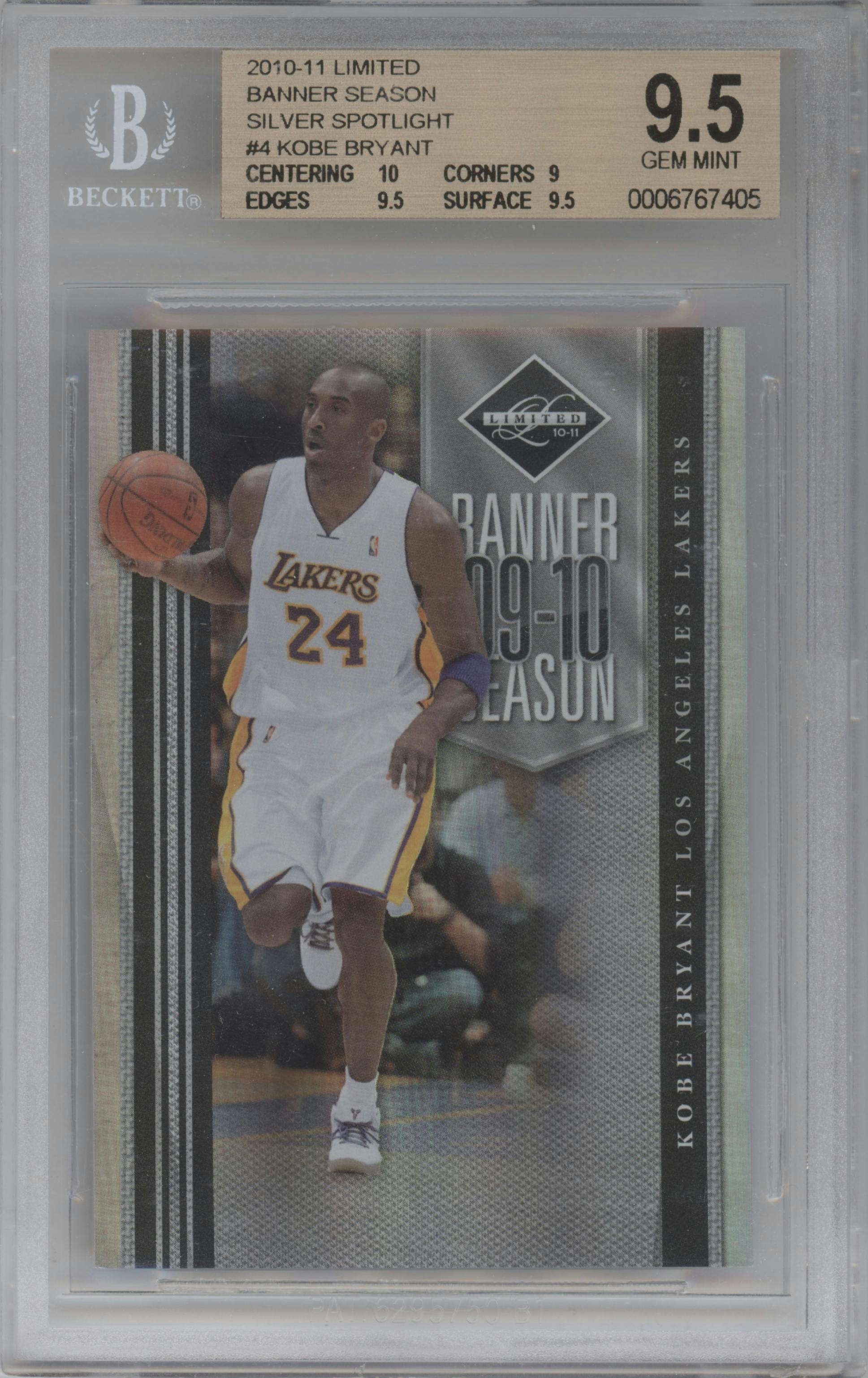 Kobe Bryant from the 2010-11 Panini Limited set featuring a Silver Spotlight parallel graded by Beckett and given an overall grade of 9.5.