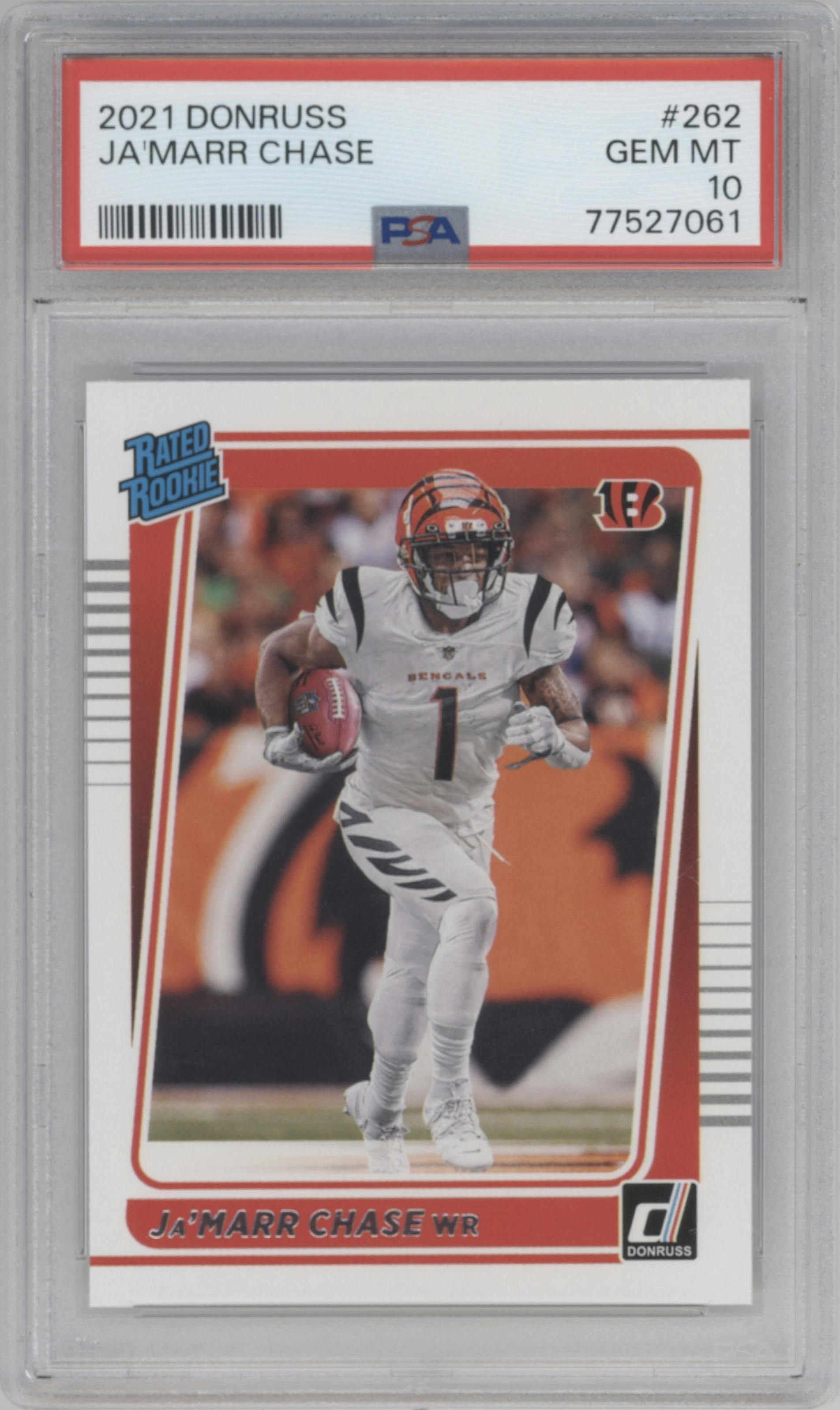 Ja'Marr Chase from the 2021 Panini Donruss set graded by PSA and given an overall grade of 10.