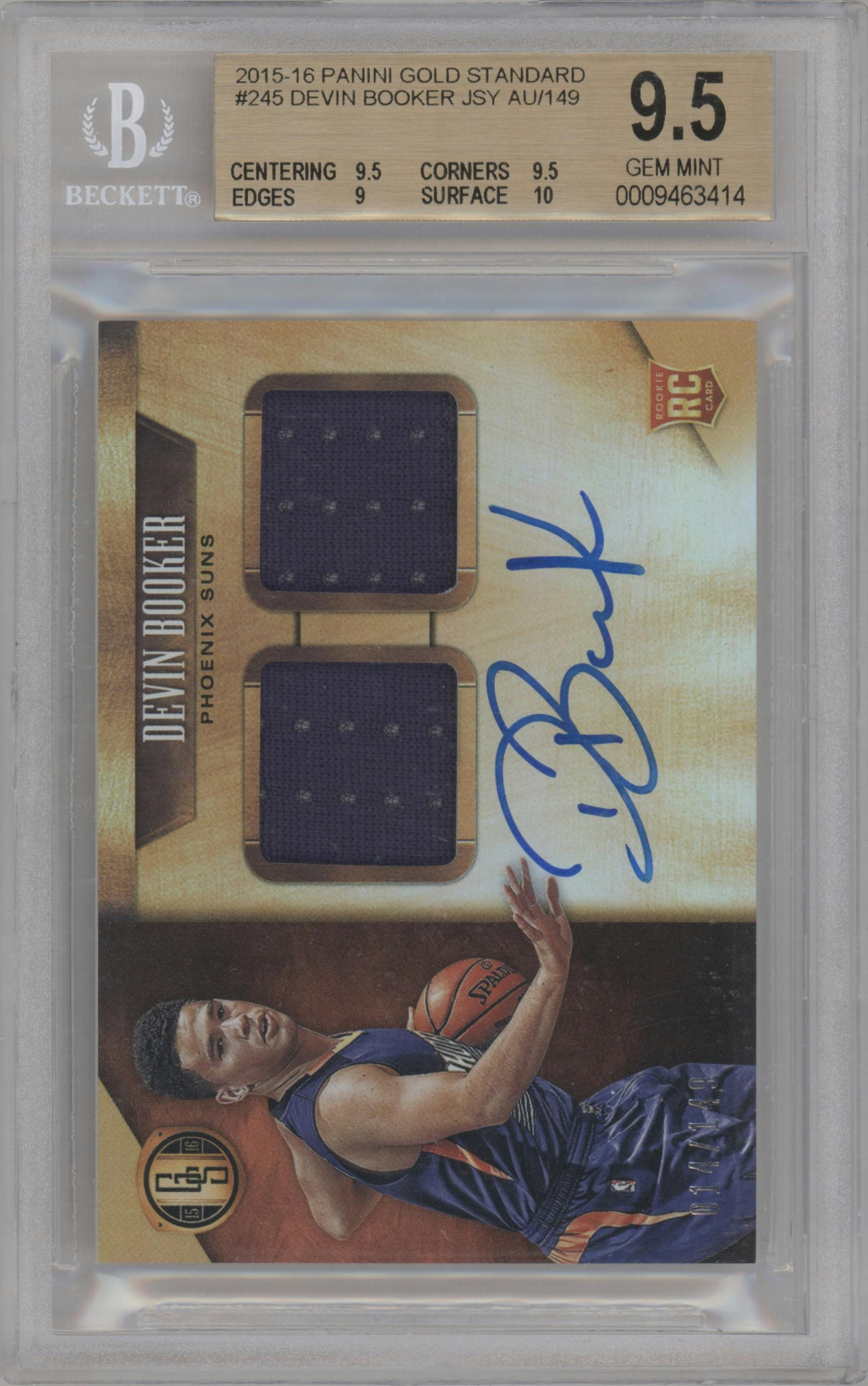Devin Booker from the 2015-16 Panini Gold Standard set graded by Beckett and given an overall grade of 9.5.