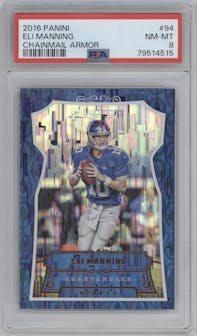 Eli Manning from the 2016 Panini set featuring a Chainmail Armor parallel graded by PSA and given an overall grade of 8.