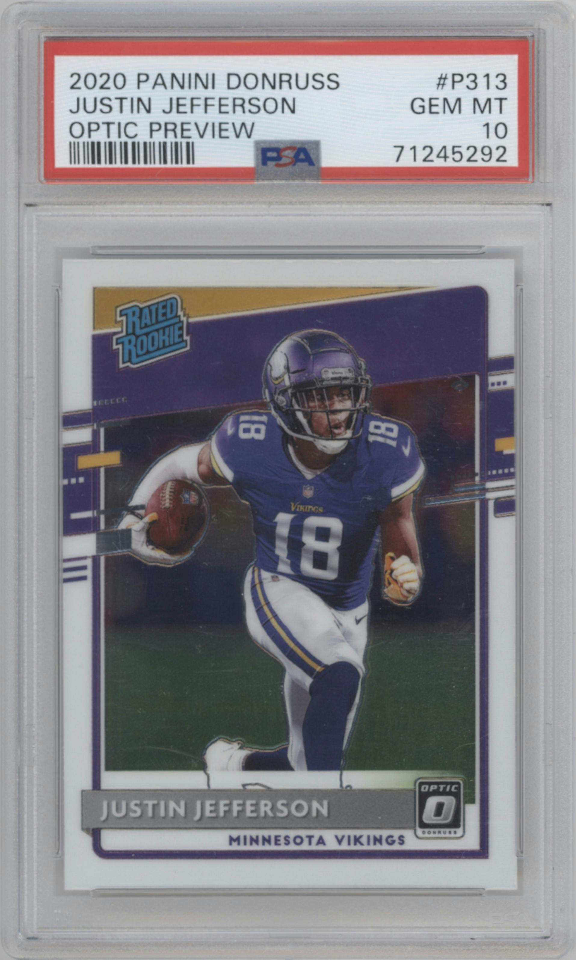 Justin Jefferson from the 2020 Panini Donruss set graded by PSA and given an overall grade of 10.