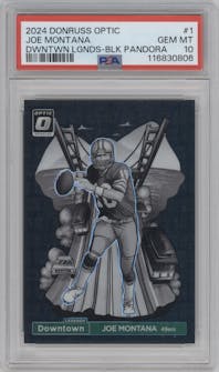 Joe Montana from the 2024 Donruss Optic set featuring a Black Pandora parallel graded by PSA and given an overall grade of 10.
