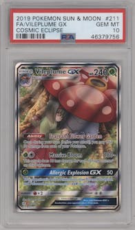 Vileplume GX from the 2019 Pokemon S&M  set graded by PSA and given an overall grade of 10.