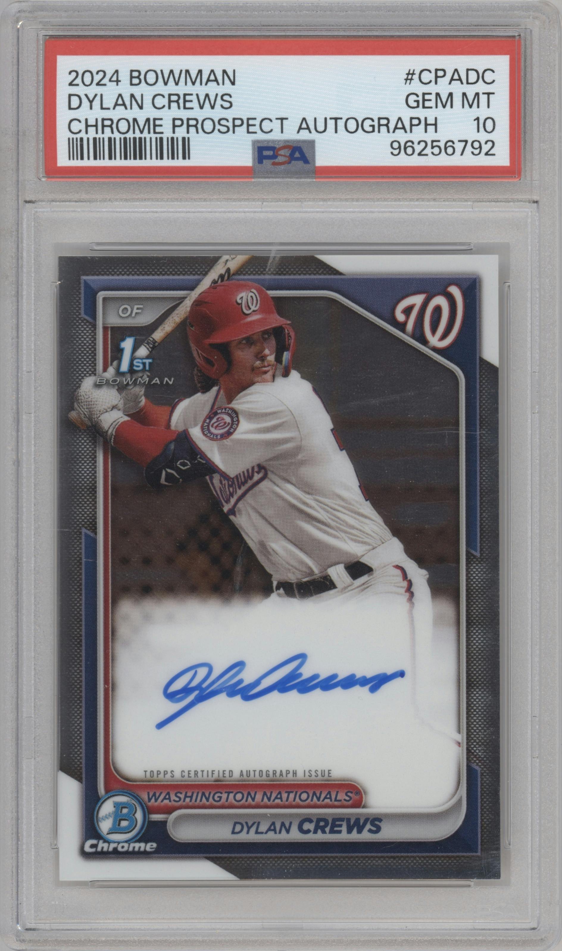 Dylan Crews from the 2024 Bowman set graded by PSA and given an overall grade of 10.