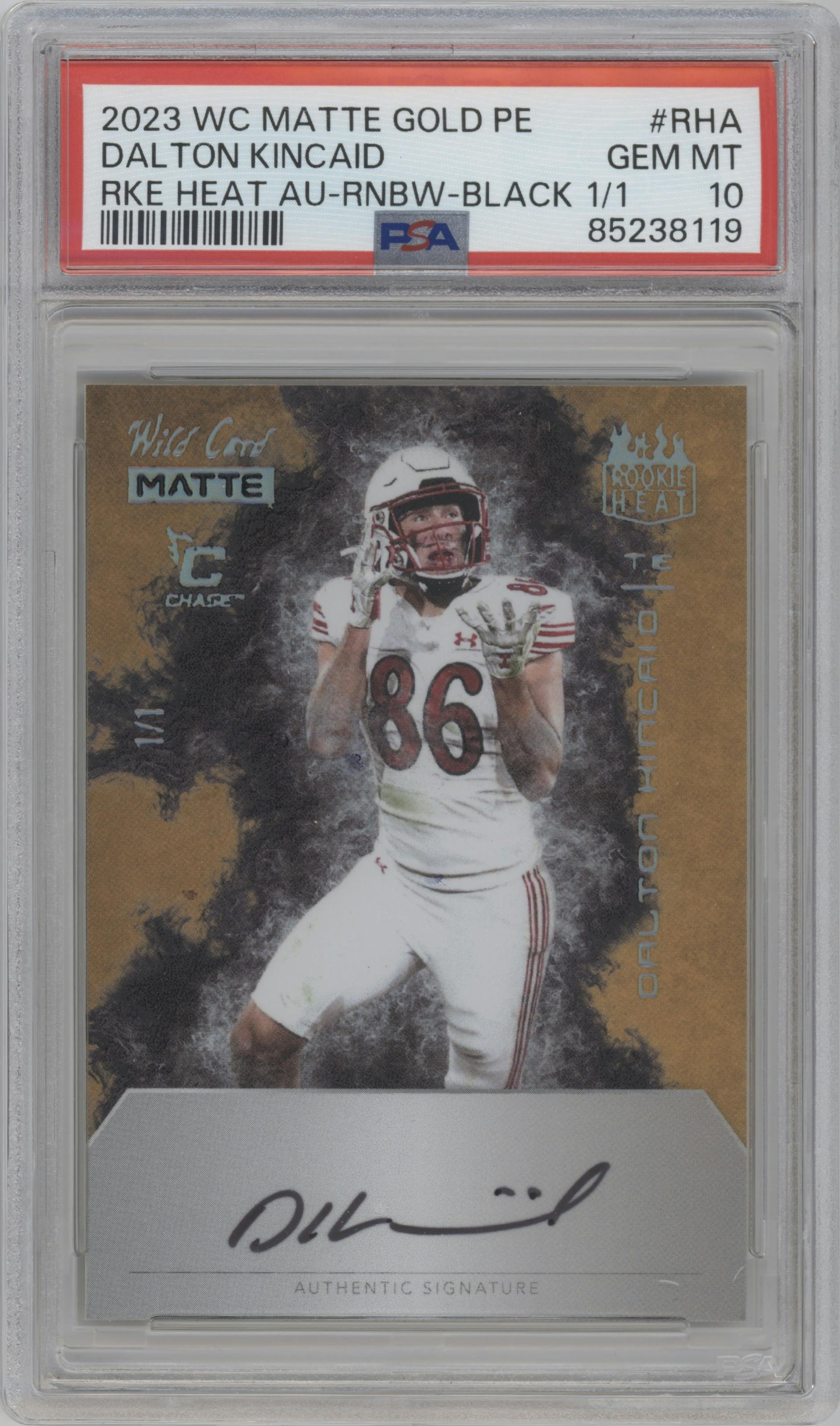 Dalton Kincaid from the 2023 Wild Card Matte set featuring a Rainbow Black parallel graded by PSA and given an overall grade of 10.