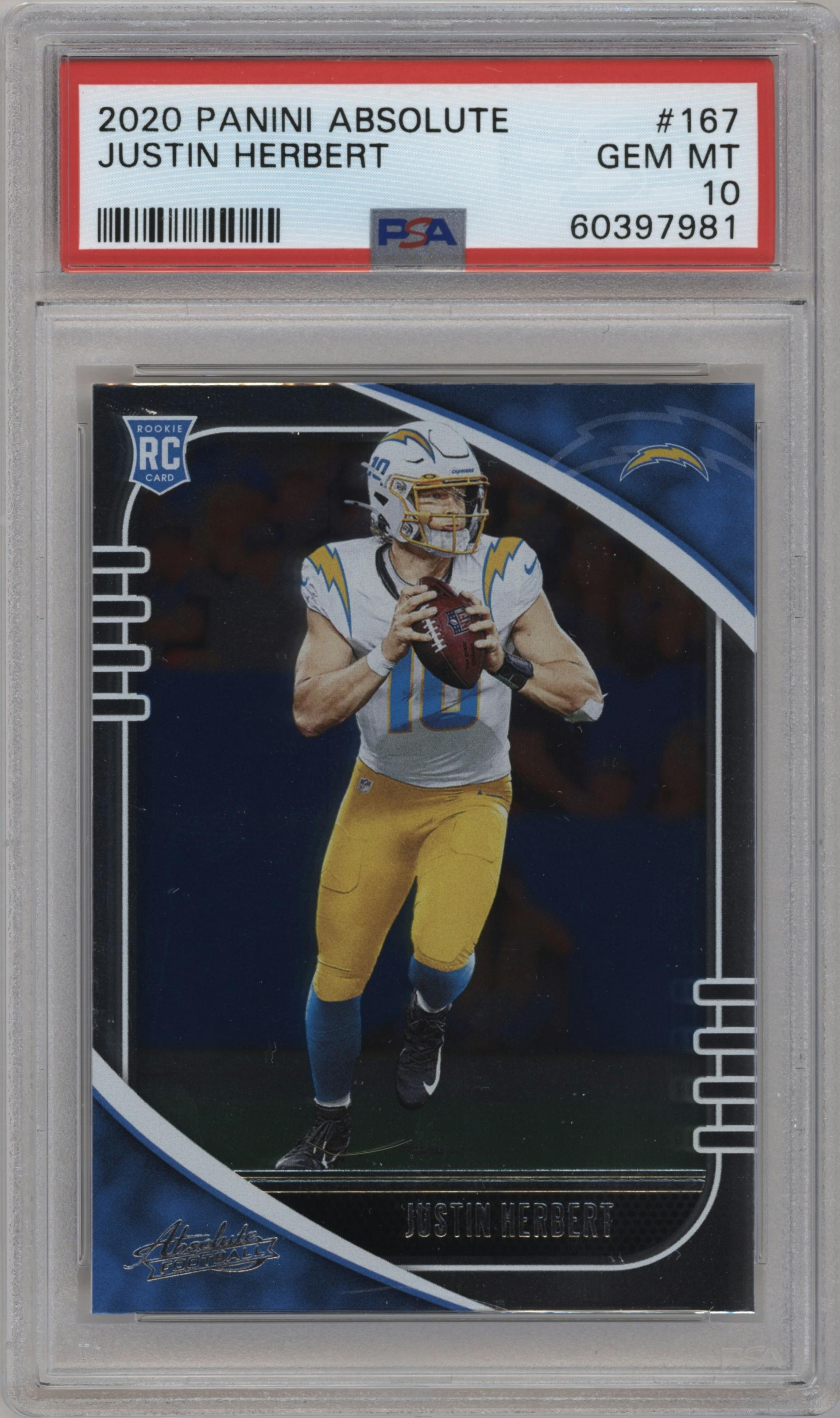 Justin Herbert  from the 2020 Panini Absolute set graded by PSA and given an overall grade of 10.