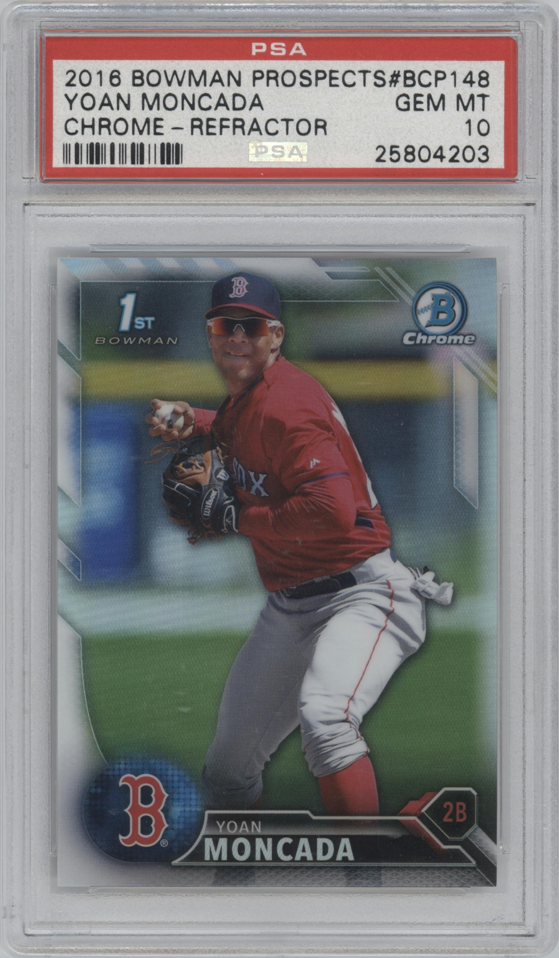 Yoan Moncada from the 2016 Bowman set featuring a Refractor parallel graded by PSA and given an overall grade of 10.