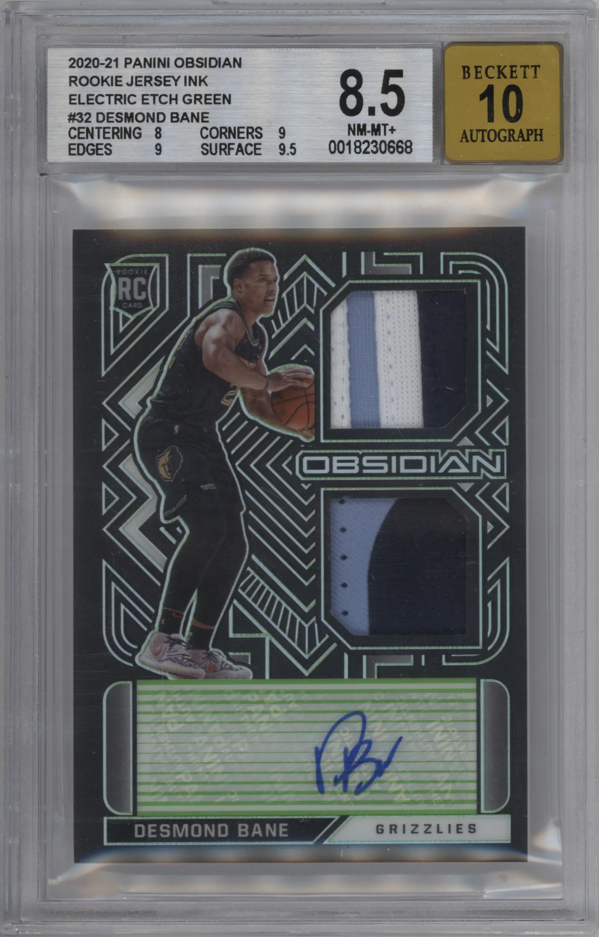 2020 Panini Obsidian Rke.Jrsy.Ink Desmond Bane Electric Etch Green #RJI-DBN BGS 8.5