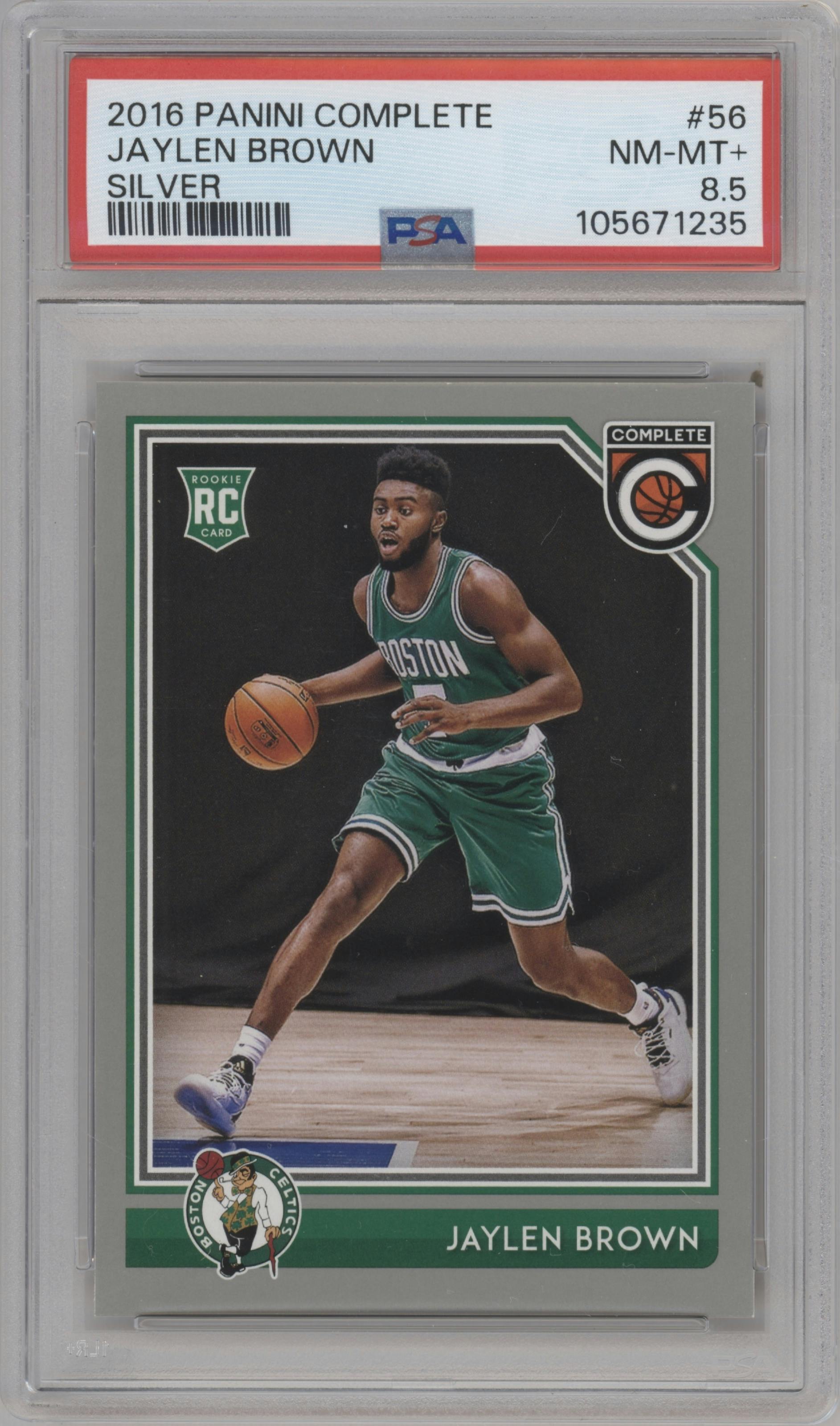 Jaylen Brown from the 2016-17 Panini Complete set featuring a Silver parallel graded by PSA and given an overall grade of 8.5.