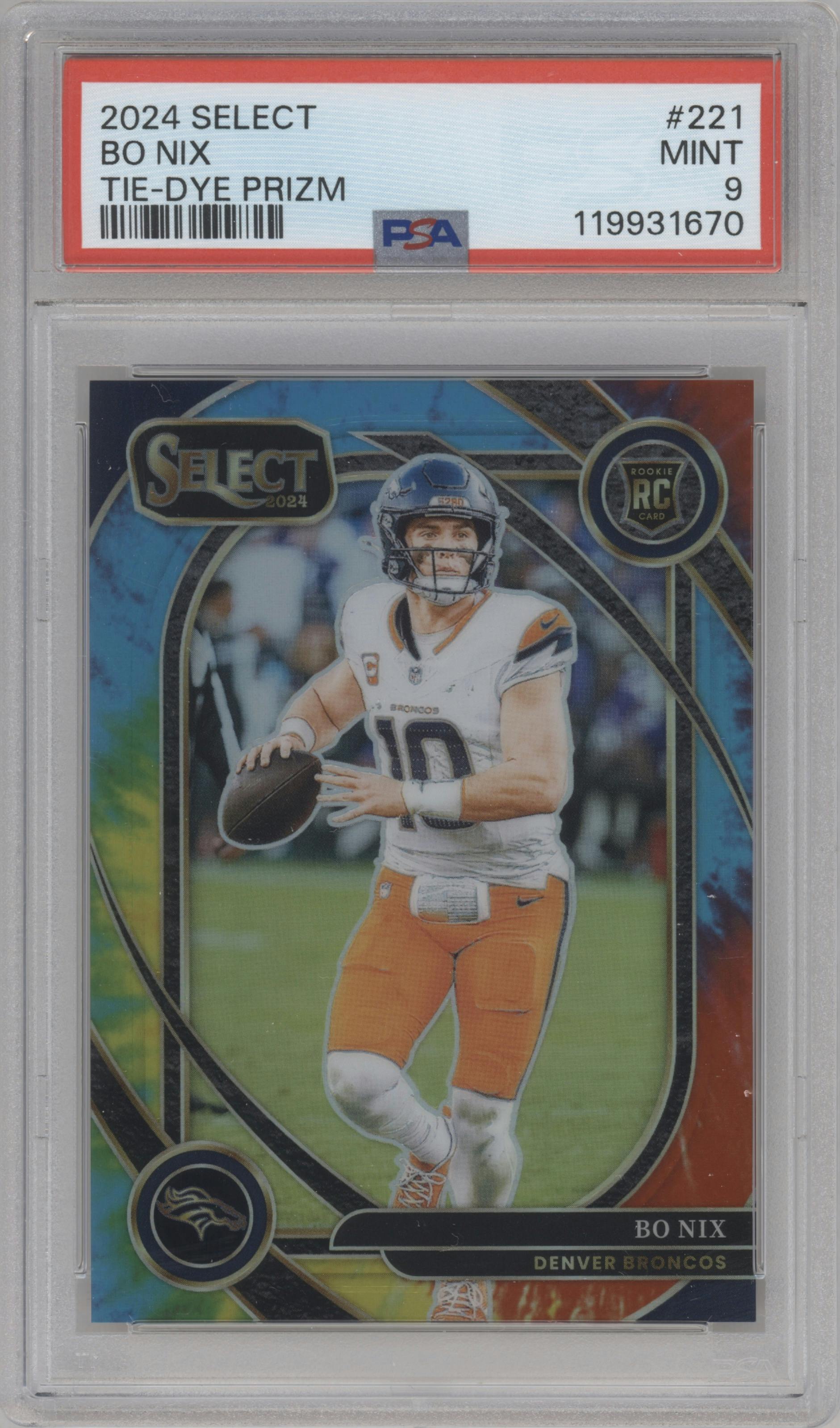Bo Nix from the 2024 Panini Select set featuring a Tie-Dye parallel graded by PSA and given an overall grade of 9.