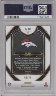 Bo Nix from the 2024 Panini Select set featuring a Tie-Dye parallel graded by PSA and given an overall grade of 9.