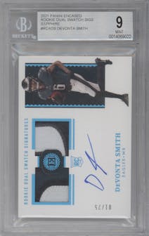 DeVonta Smith from the 2021 Panini Encased set featuring a Sapphire parallel graded by Beckett and given an overall grade of 9.