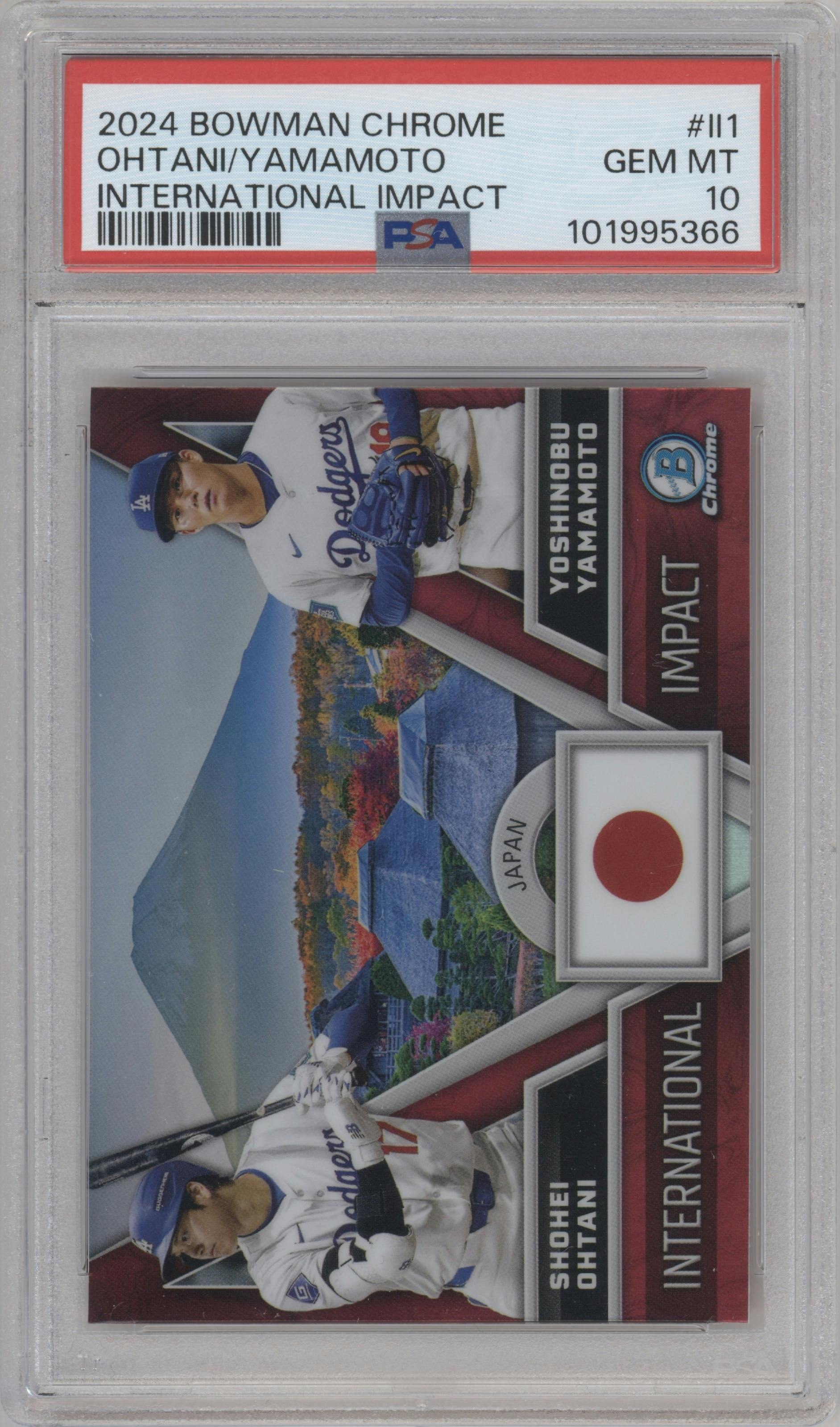 Shohei Ohtani/Yoshinobu Yamamoto from the 2024 Bowman Chrome set graded by PSA and given an overall grade of 10.