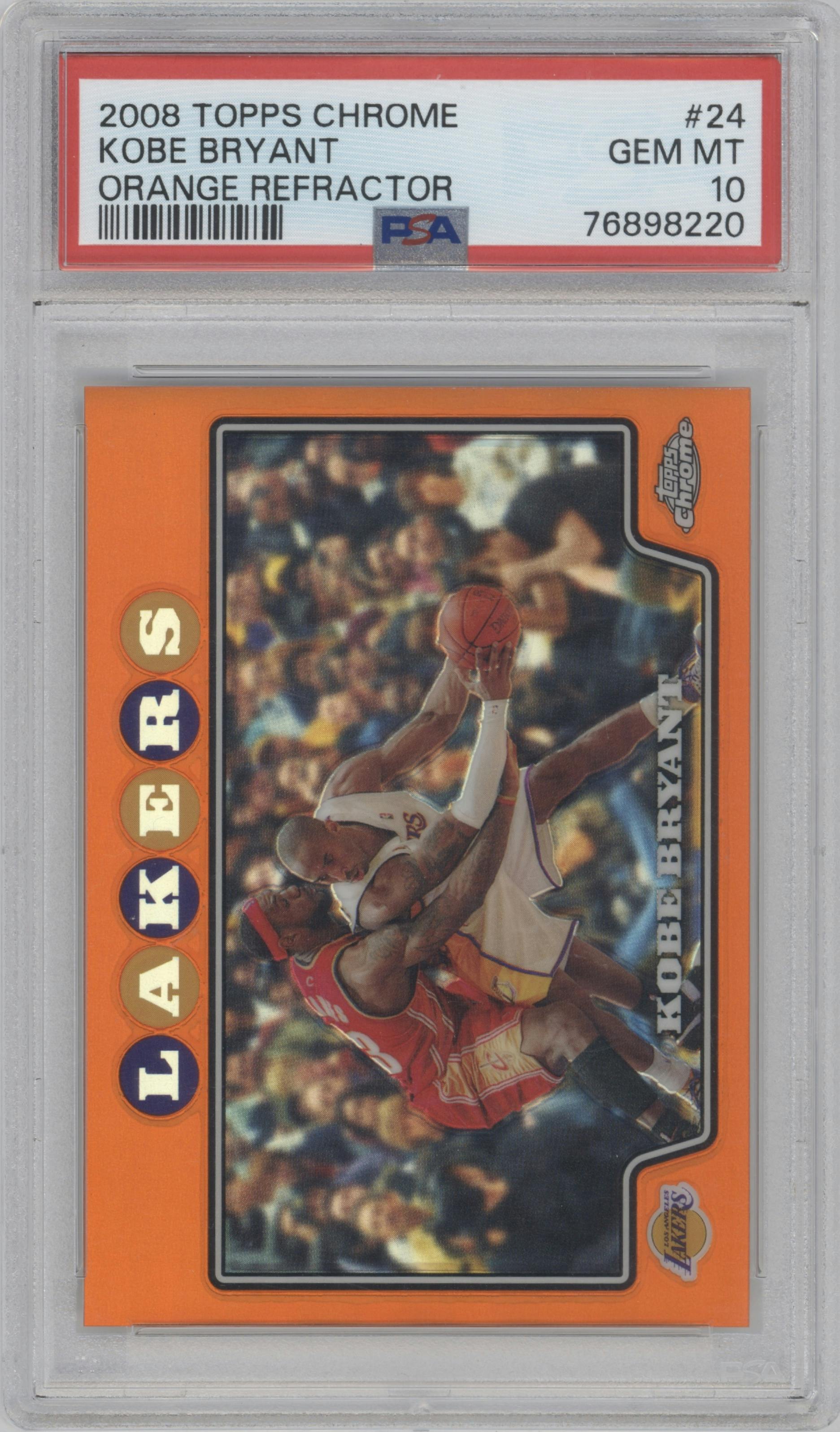 Kobe Bryant from the 2008-09 Topps Chrome  set featuring a Orange Refractor parallel graded by PSA and given an overall grade of 10.